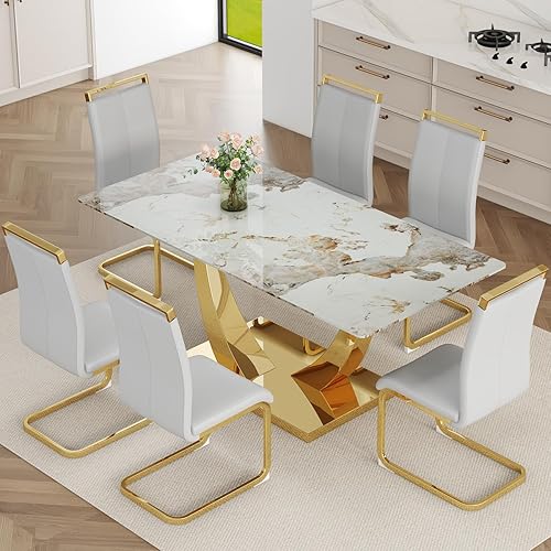 Miniatura 26 de Juego de mesa de comedor de mármol sintético para 6, mesa de comedor moderna de 71 pulgadas para 6, mesa de cocina dorada de lujo y 6 sillas de Mesa