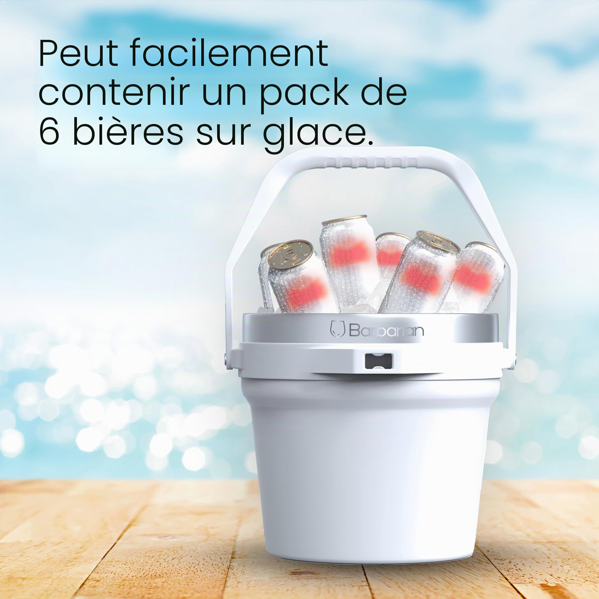 Barbarian Seau à glace isotherme à double paroi avec couvercle, capacité de 7 litres, pelle à glace et décapsuleur intégré, blanc