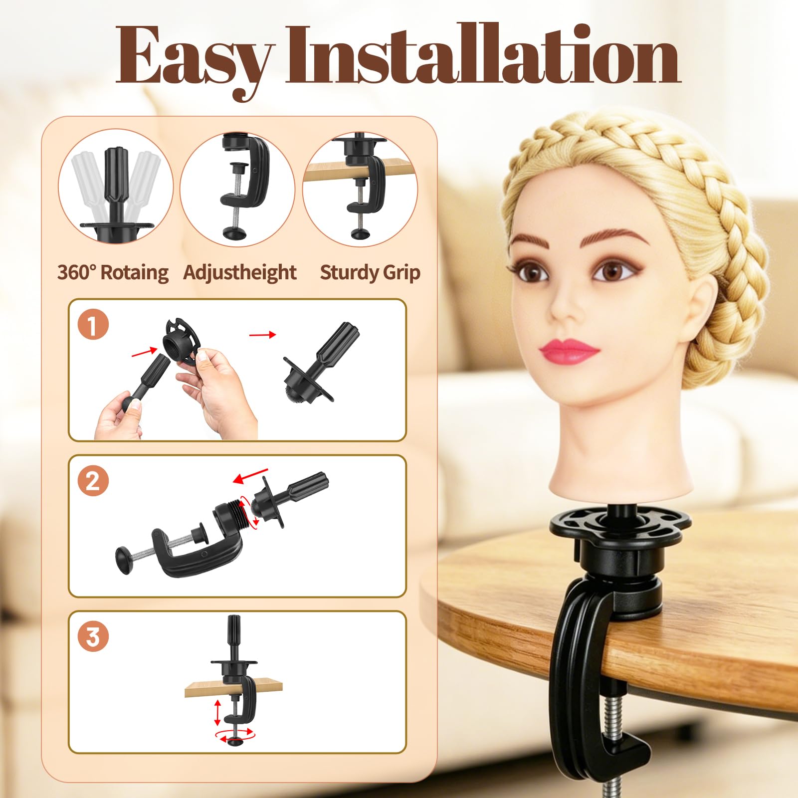 Yofuly 26 Zoll Trainingsköpfe 80% Echthaar Schaufensterpuppenkopf mit Tischklemme DIY-Haarzopf-Set weiß