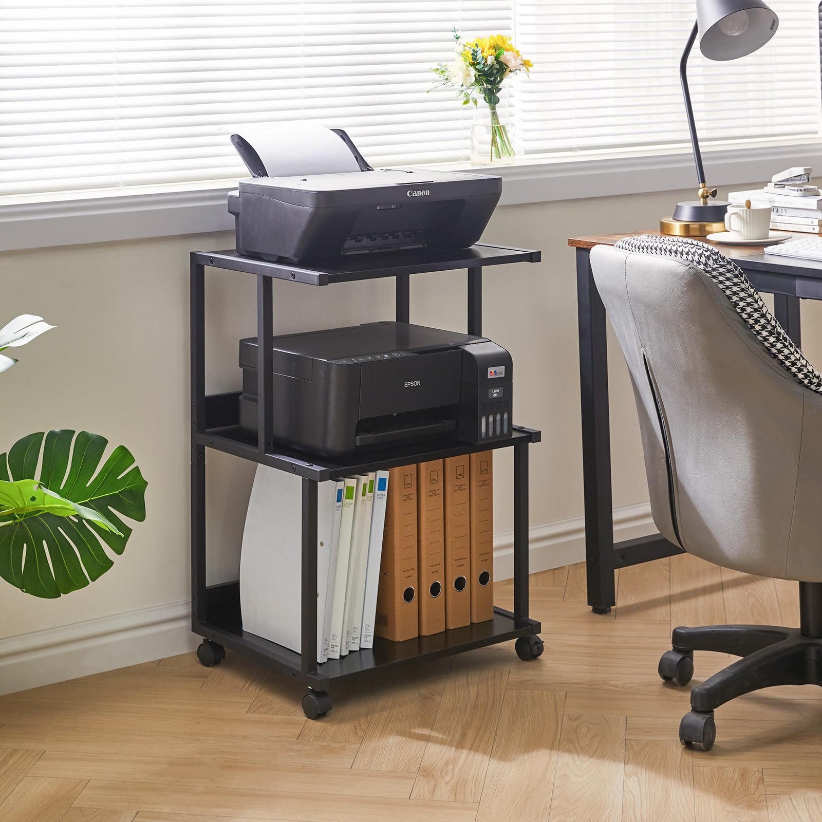 IBUYKE Soporte para Impresora con Estante de Almacenamiento, Mesa de Impresora de 3 Niveles con Ruedas, Carrito de Impresora para organización de Oficina en casa TPS001B