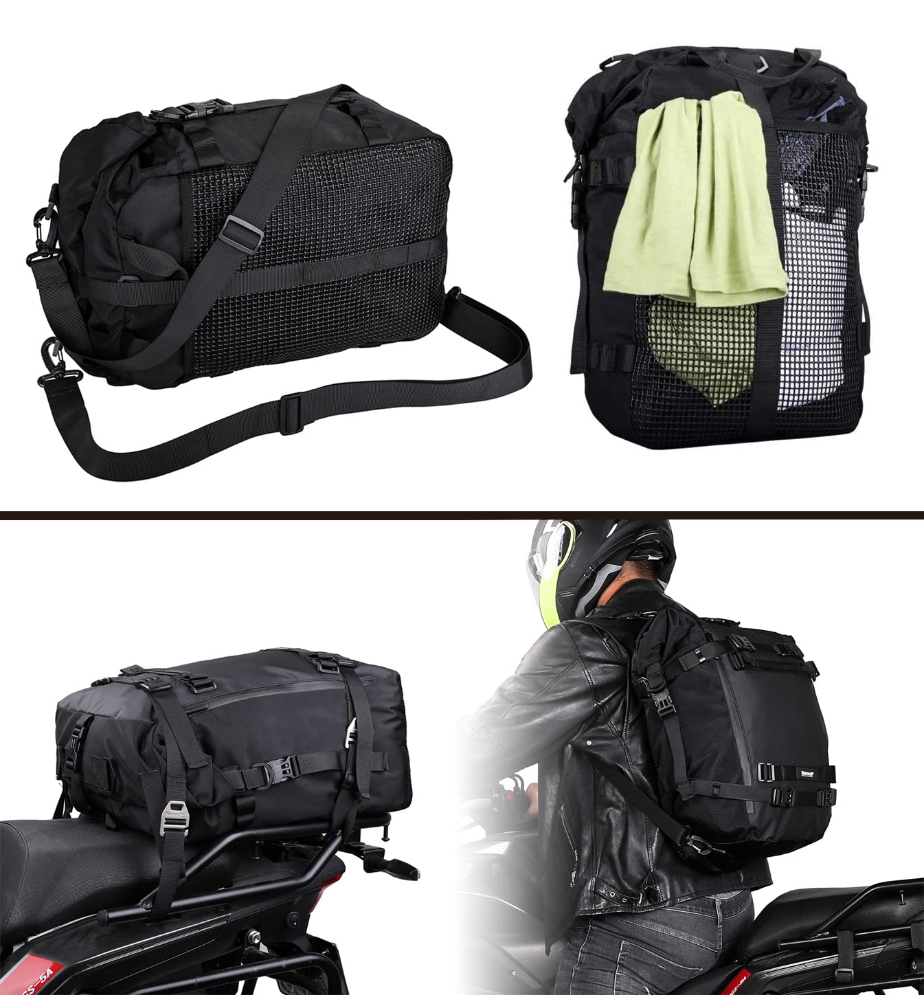 Rhinowalk Borsa da sella per moto, 30 l, nera, impermeabile, combinabile, zaino