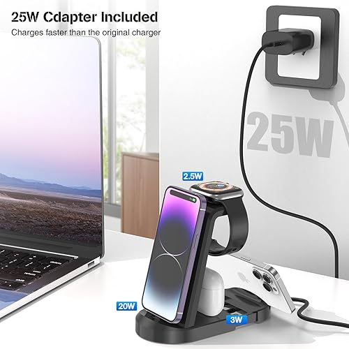 Miniatura 3 de Estación de carga 3 en 1, soporte de estación de carga rápida de 25 W para iPhone 14/13/12/11/Pro/Max y Apple Watch, base de carga para AirPods,
