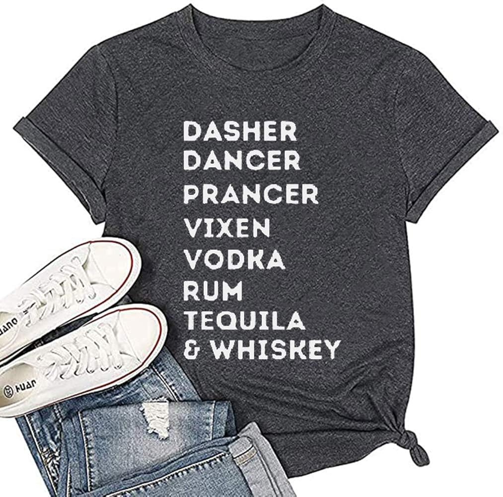 Earlymemb Women Reindeer Alcohol Christmas Graphic Tee Dasher Dancer Prancer Vixen Vodka Rum Tequila Whiskey Xmas T Shirt