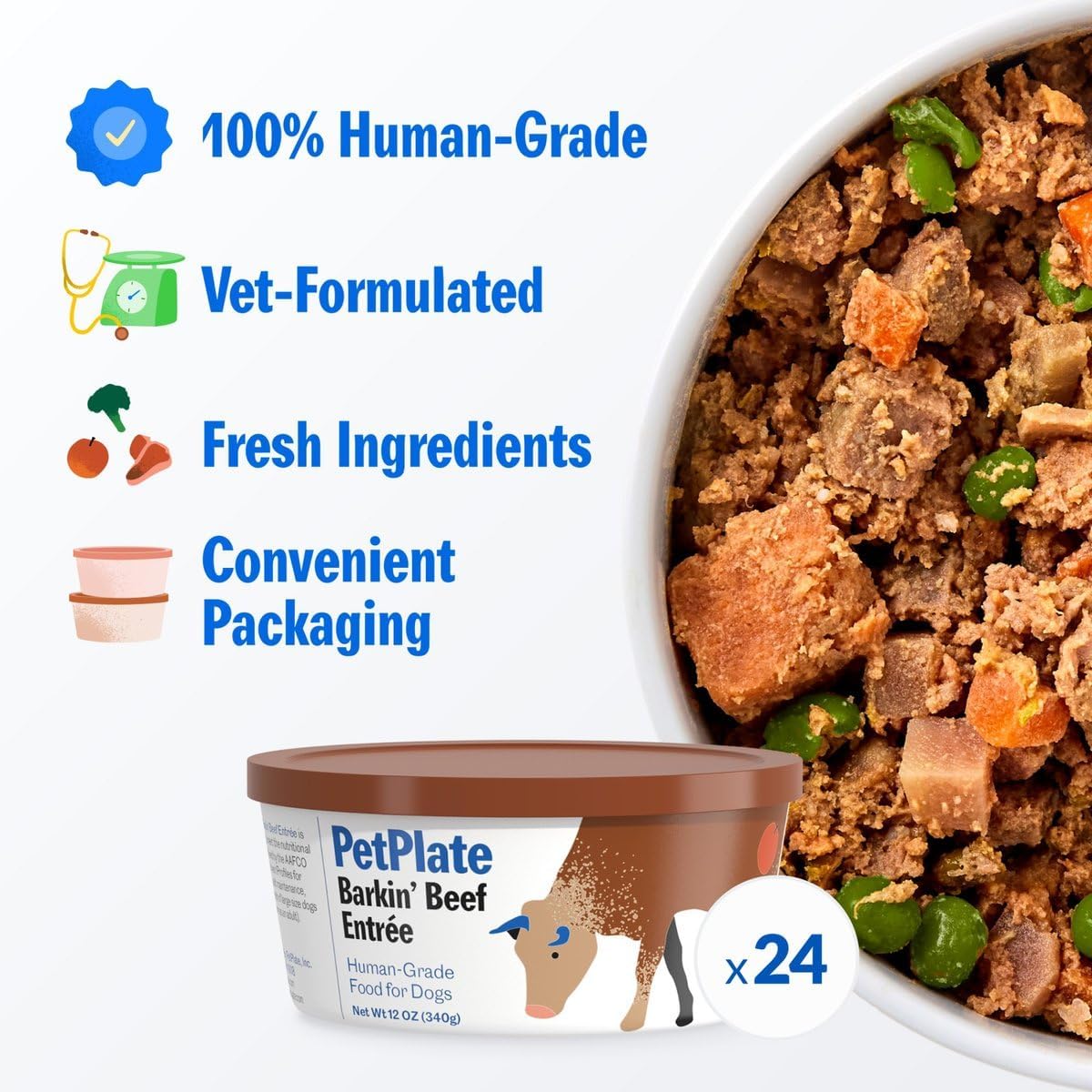 PetPlate Human-Grade Fresh Dog Food, Barkin’ Beef Entrée – Wet Dog Food for All Breeds – High-Protein, Natural – 12-oz Cups, Case of 24