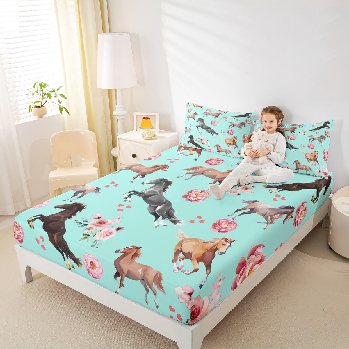 Erosebridal Galloping Horse Bed Sheets Full,Girly Blue Romantic Rose Fitted Sheet for Girls Women,Watercolor Horse Bedding Set for Rustic Lodge Decor,Farmhouse Animal Bed Cover with 2 Pillowcases