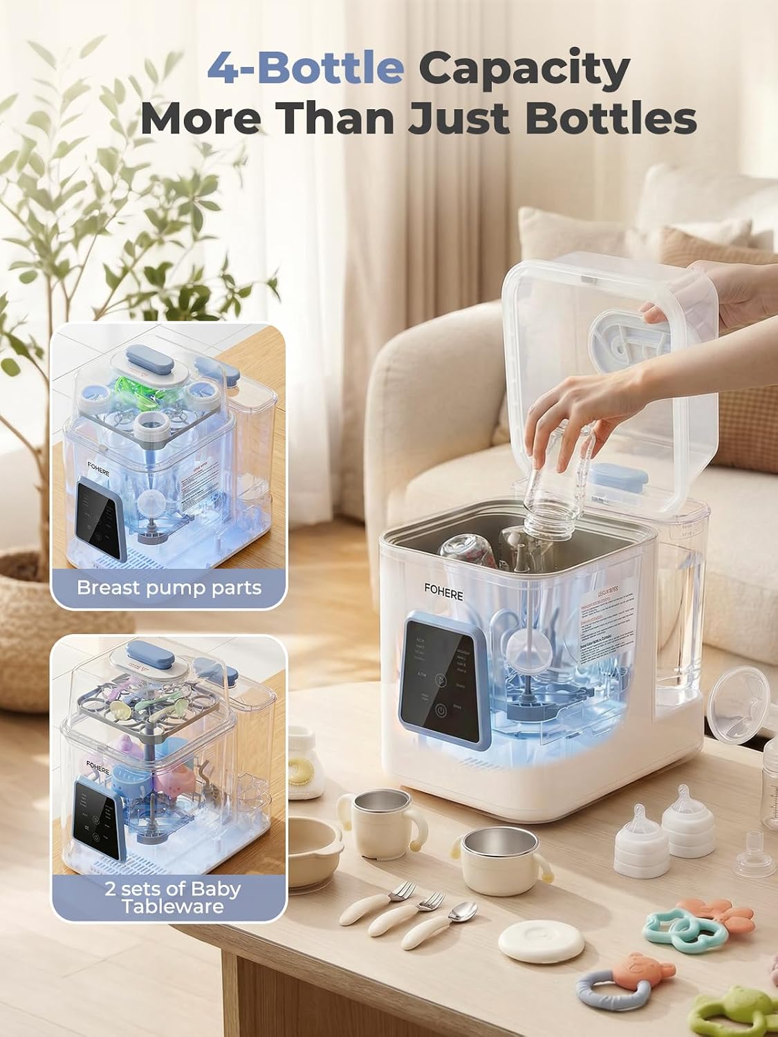 FOHERE Baby Bottle Washer and Dryer, 4-in-1 with Dual Water Supply, Self-Cleaning, 29 Spray Jets, 28kPa High Pressure. Baby Essentials for Newborn, Ideal Baby Shower Gift, 60 Tablets