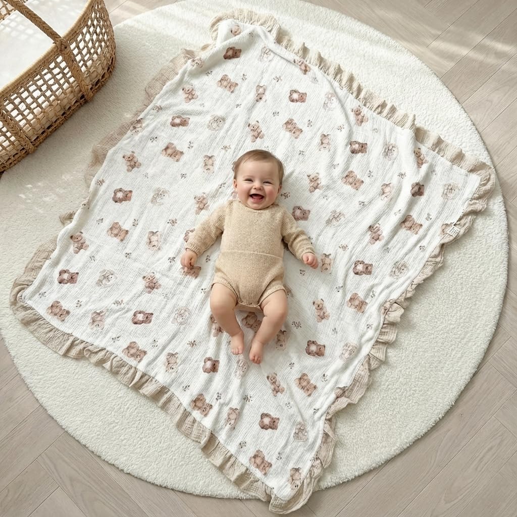 Muslin Ruffled Baby Blanket, Extra Large 52 x 52 Inches, Soft Breathable Cotton Crib Blanket for Newborn Infant Toddler (Vintage Blossom-Ruffled, Printed) - Image 4