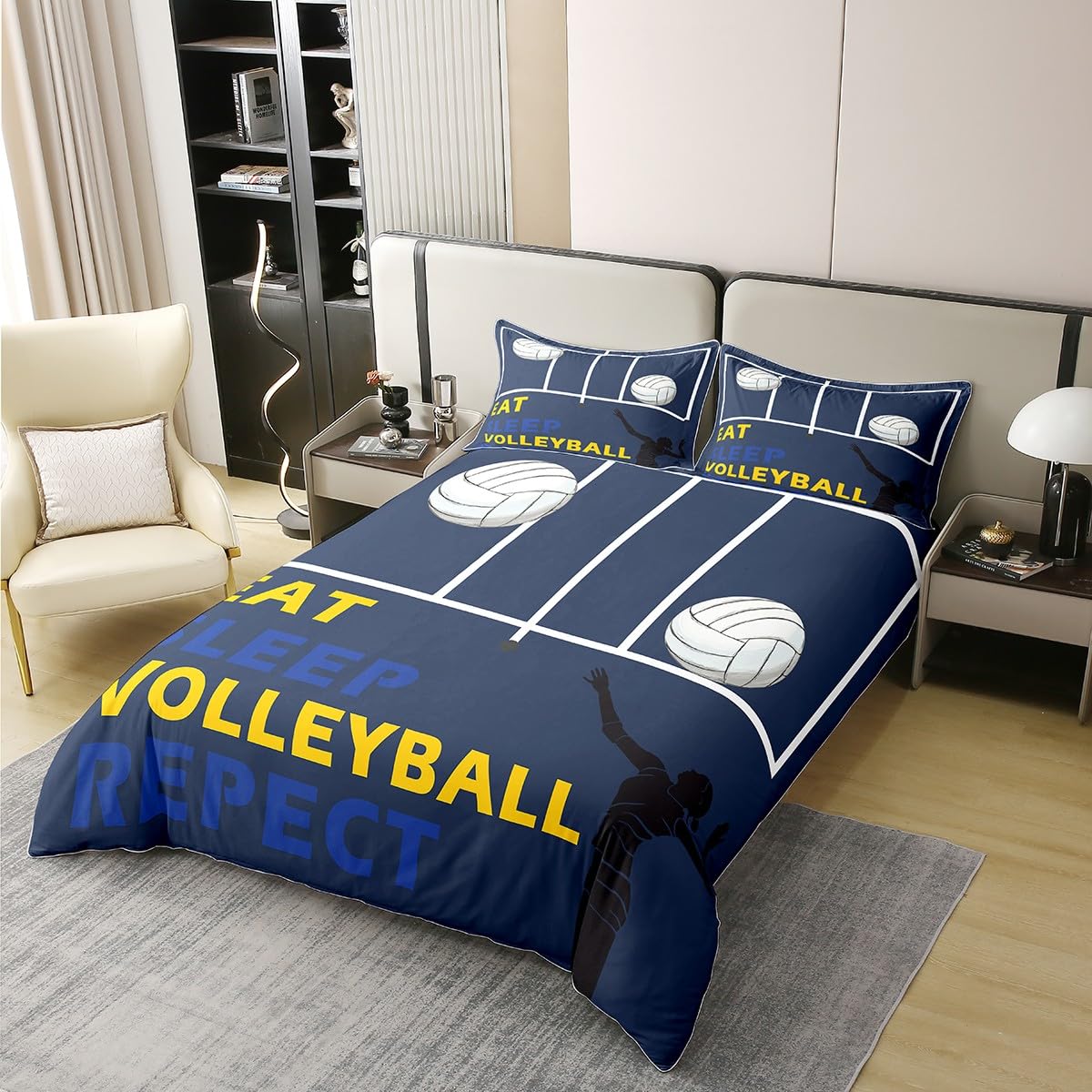 Womem Girls Volleyball Player Duvet Cover Full for Kids Boys Teens,Outdoor Sport 3PCS Duvet Cover,Sport Bedroom Ball Games Comforter Cover (Not Comforter),White Volleyball Pattern Quilt Cover
