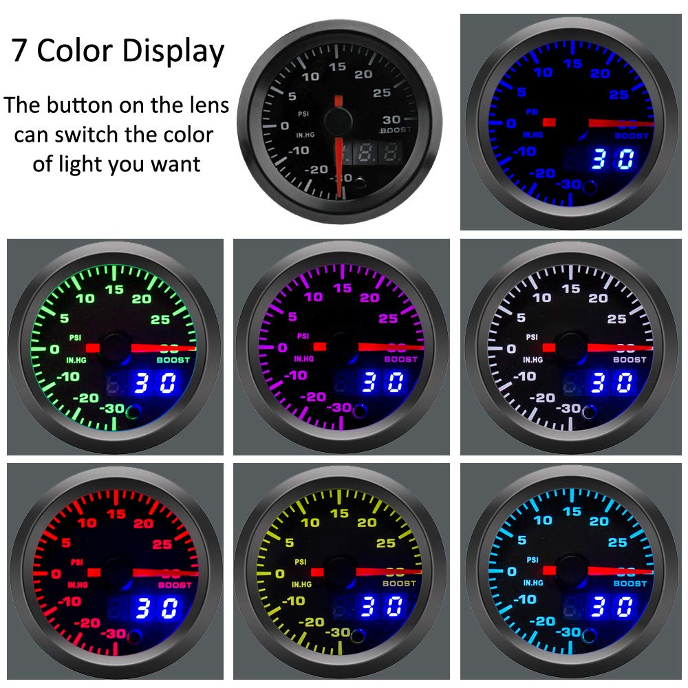 Indicatore di sovralimentazione universale per auto e camion 52 mm PSI 7 colori LED puntatore quadrante digitale doppio display indicatore elettronico