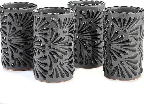 Miniatura 11 de Juego de 4 vasos de chupito Talavera auténticos mexicanos para tequila - Pintados a mano - 2 Oz (Flores naranjas)