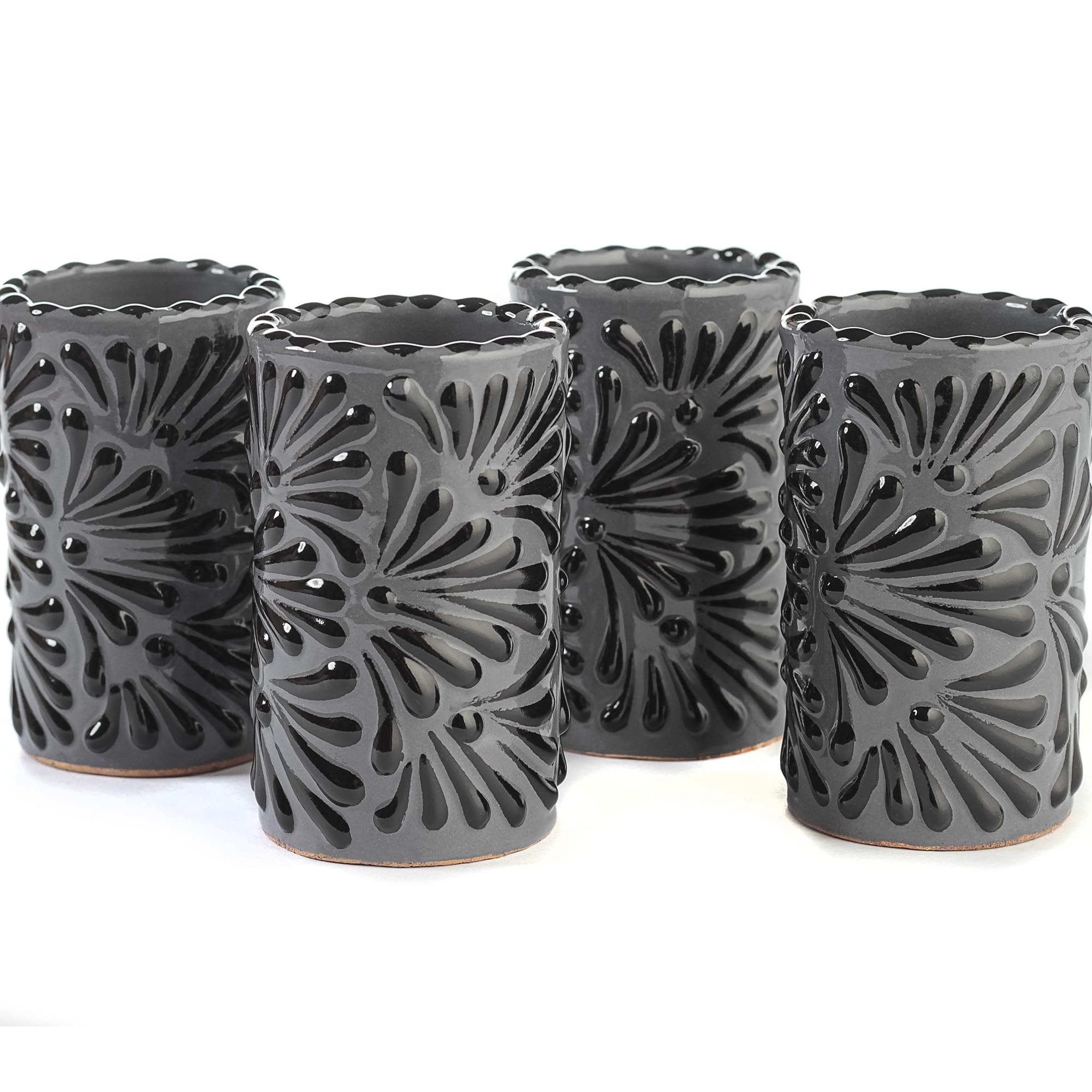 Talavera Shot Glasses Set of 4 Authentic Mexican Tequila Shot Glasses - Hand-painted - 2 Oz (Black Brushstroke Gray Background)