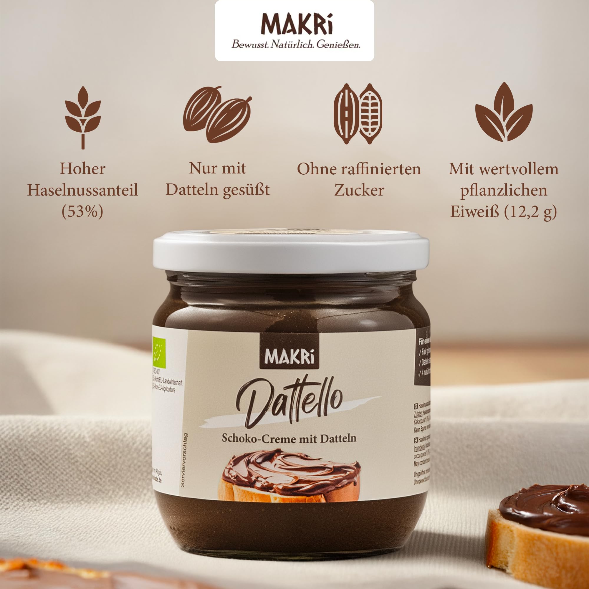 Dattello® Haselnusscreme | Bio Schoko-Haselnuss-Aufstrich mit Datteln | Schokocreme Ohne Raffinierten Zucker, Vegan & Cremig | MAKRi® Schokoladenaufstrich 400 g (1 Glas)
