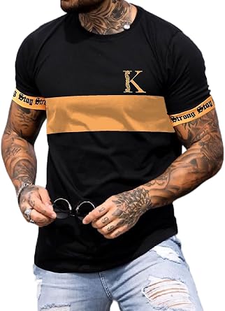 Mens T-Shirts Men Letter Graphic Colorblock Tee T-Shirts for menQWEWQE