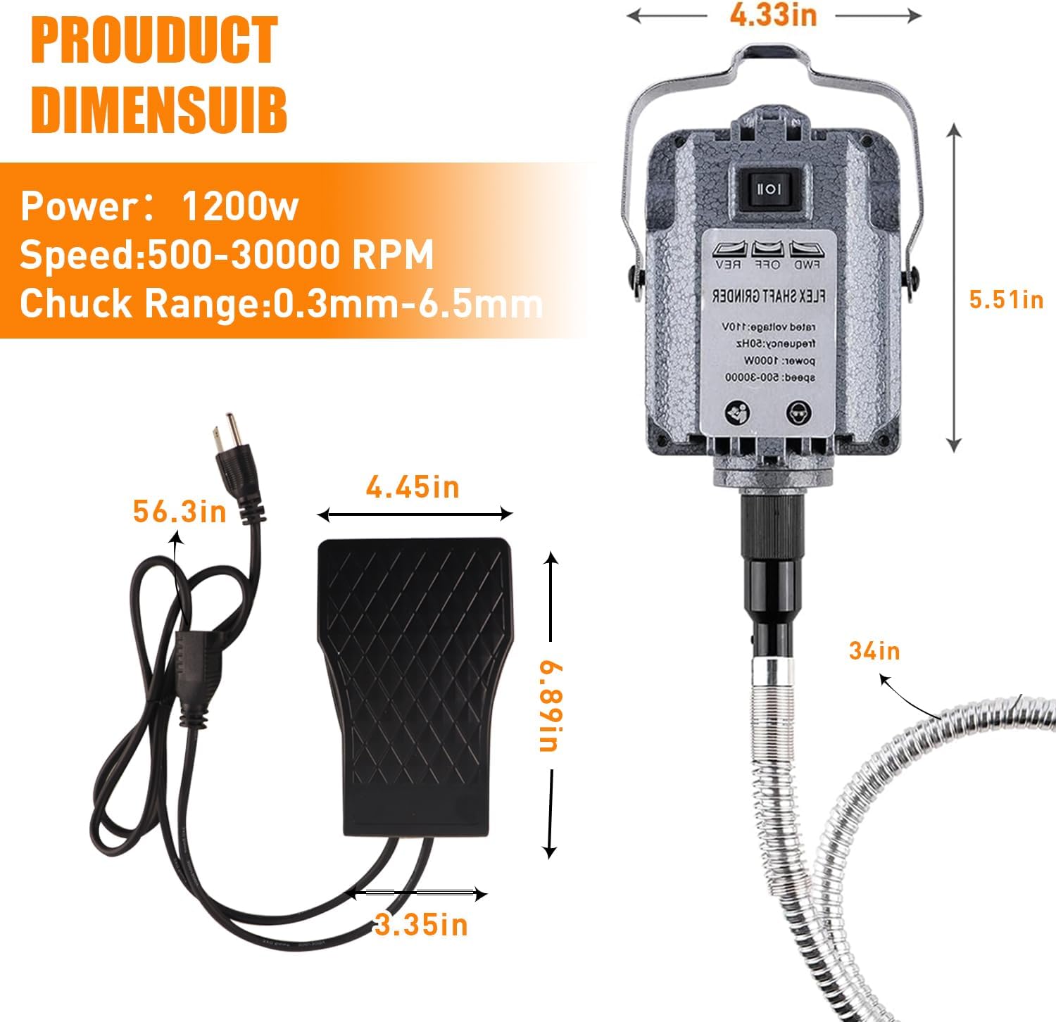 1200W 30000RPM Rotary Tool with Flex Shaft, Electric Flex Shaft Rotary Tool, Flex Shaft Grinder Foot Pedal Control Electric Hanging Carver, Wall Mount, Metal Flexible Shaft with Polishing Accessories