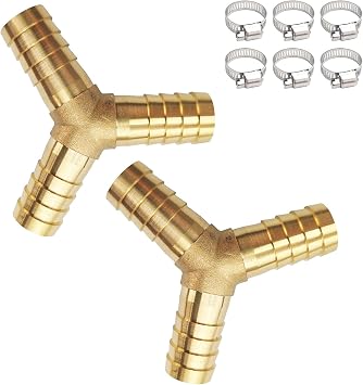 2PCs 5/16" Brass Hose Barb Fitting 3 Way Y Shape Barbed Splicer Mender Union Fitting with 6PCs Hose Clamp for Oil Water Air