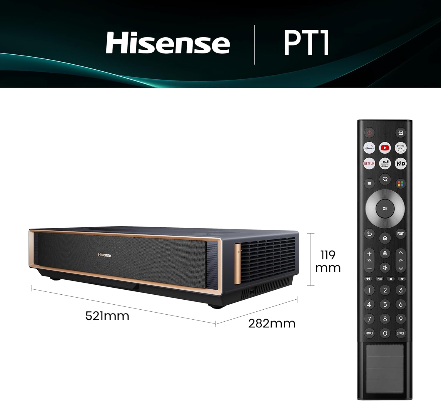 Hisense PT1 Projector with remote and dimensions