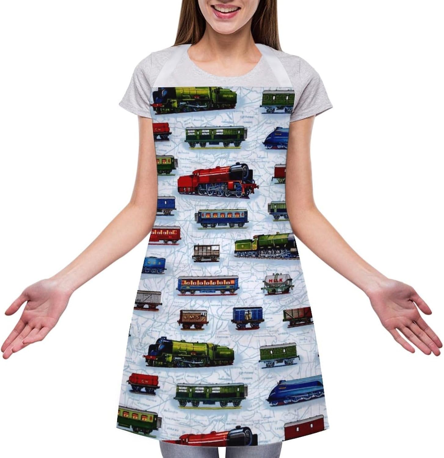 Train Cars Aprons Waterproof Cooking Kitchen Apron Unisex Adjustable Bib Apron with Pocket Restaurant Chef Works Aprons for Waitress Waiter