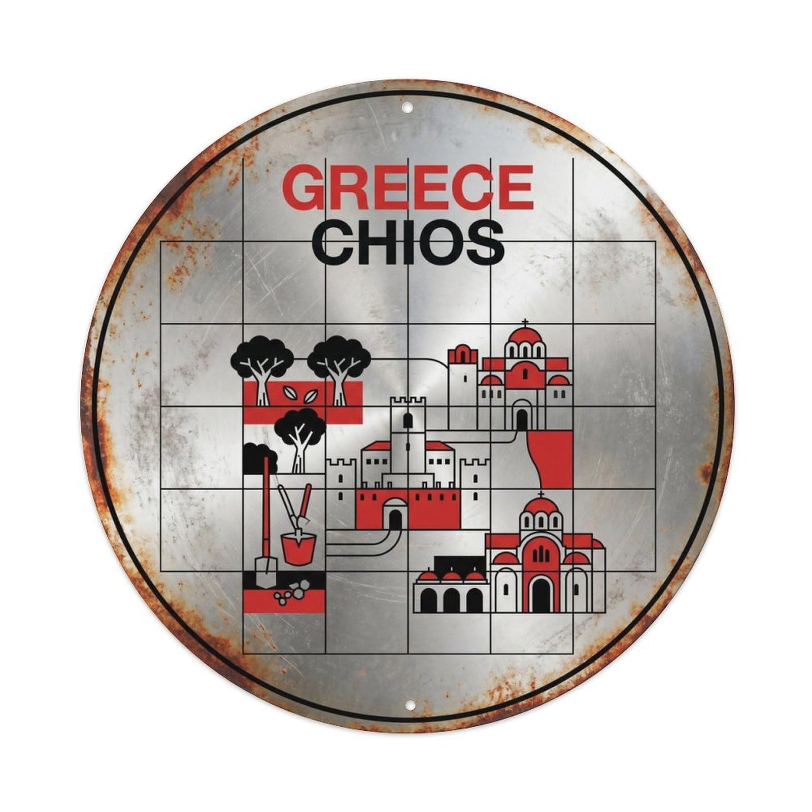Chios Island Groves Greek Grid Style Seaside Scenery Metal Tin Sign