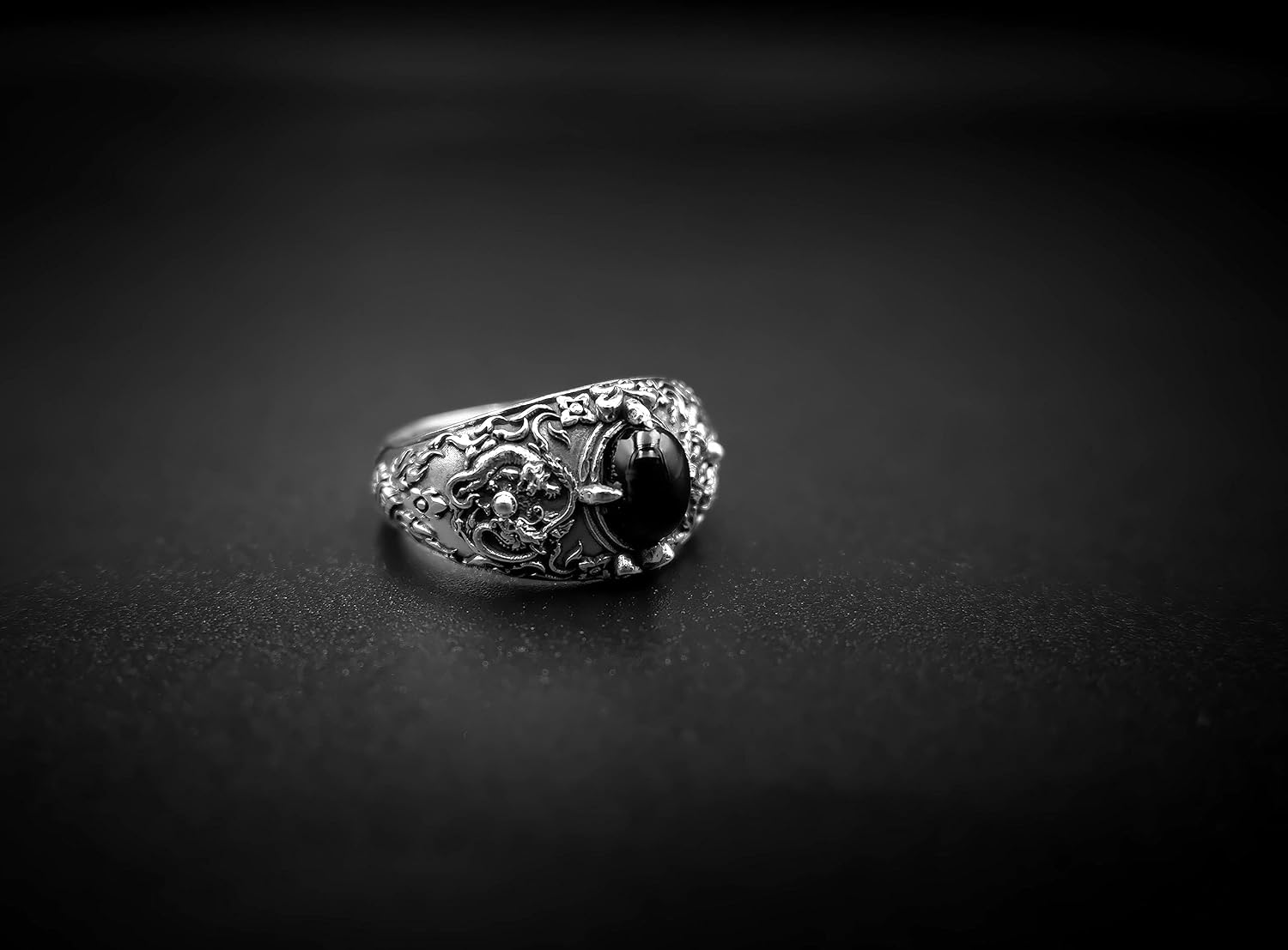 925 Sterling Silver Onyx Dragon Tiger Ring Fashion Animal Jewelry Size 6-15
