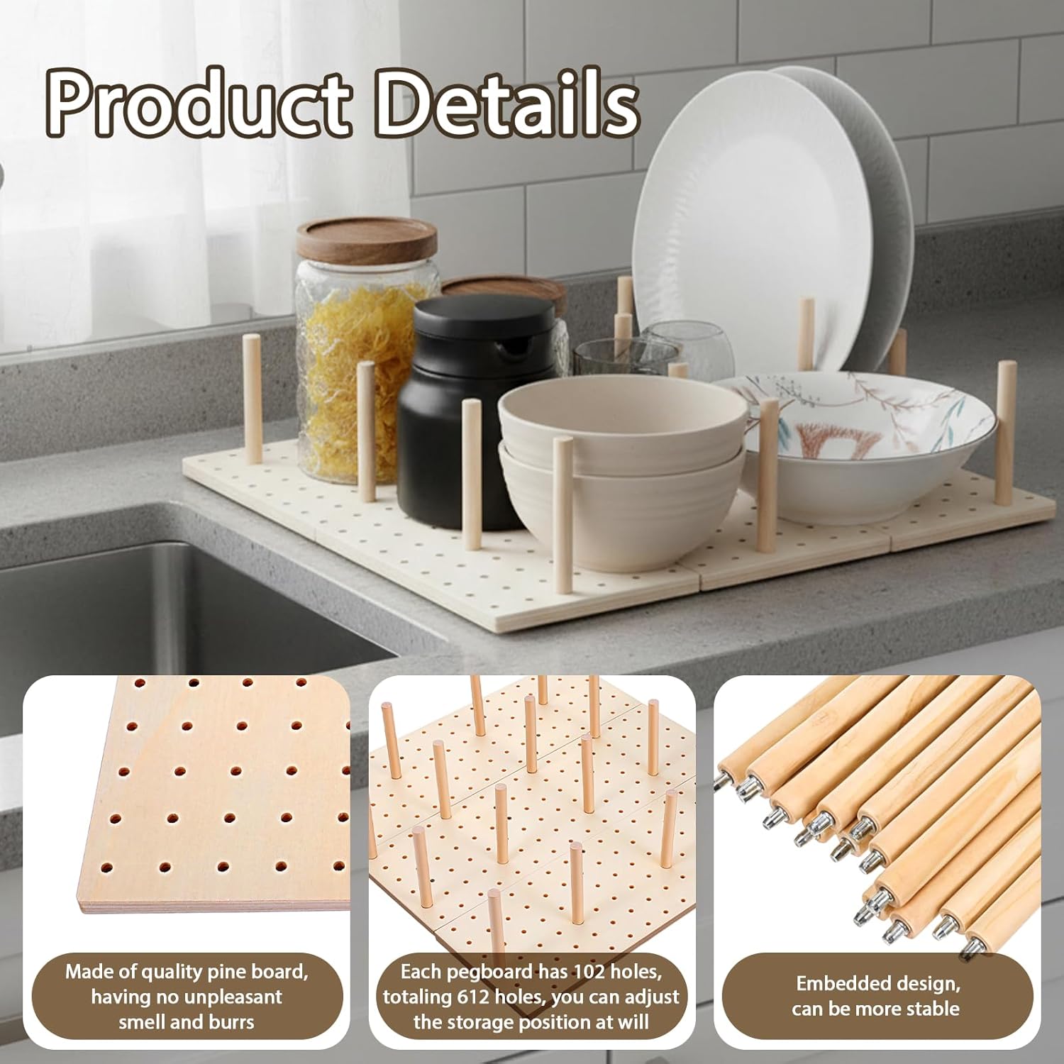 6 Pcs Wood Pegboard Drawer Organizer with 48 Pegs, Wooden Peg Board Drawer Shelf Organizer Adjustable Peg Drawers Organizers for Kitchen Dishes Plate Pegboard Food Containers(17x5.91, Wood)