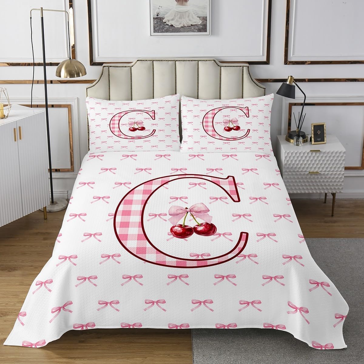 Erosebridal Cartoon Bowknot Bedspread Set King Initial C Letter Coverlet Set for Girls Women Princess Coquette Decor Bedding Set Buffalo Plaid Cherry Monogrammed Bed Set with 2 Pillow Cases