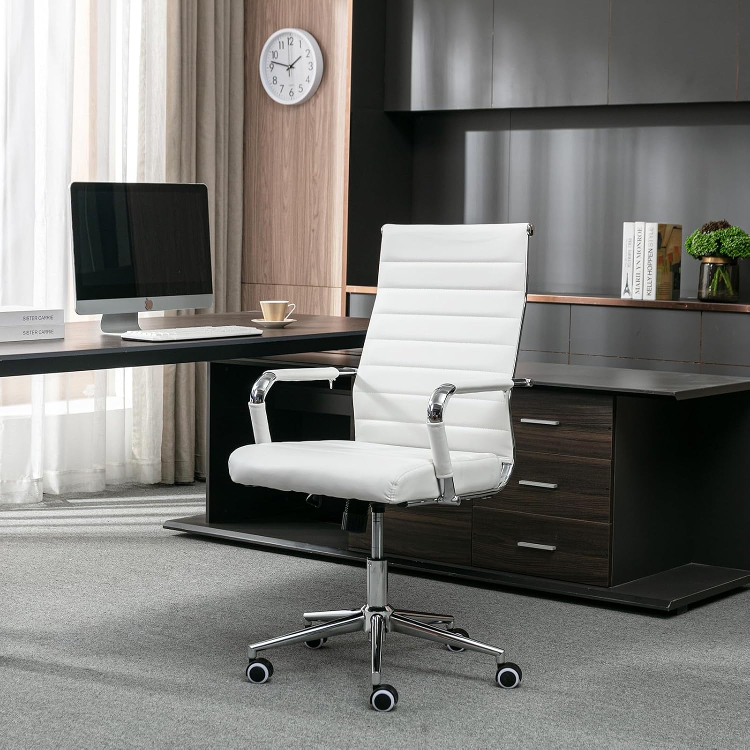 Home Office Chair Ribbed, Modern Leather Conference Room Chairs, Ergonomic Office Desk Chair, High Back Executive Computer Chair, Adjustable Swivel Chair with Arms (White) thumbnail