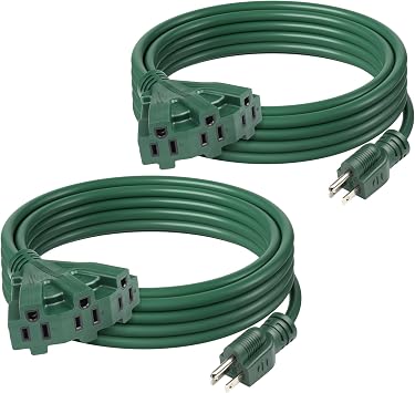 BN-LINK 2-Pack 15Ft Outdoor Extension Cord with 3 Outlets 16/3 SJTW Power Cord, 3-Prong Grounded Plug, for Landscaping & Holiday Decorations, ETL Listed