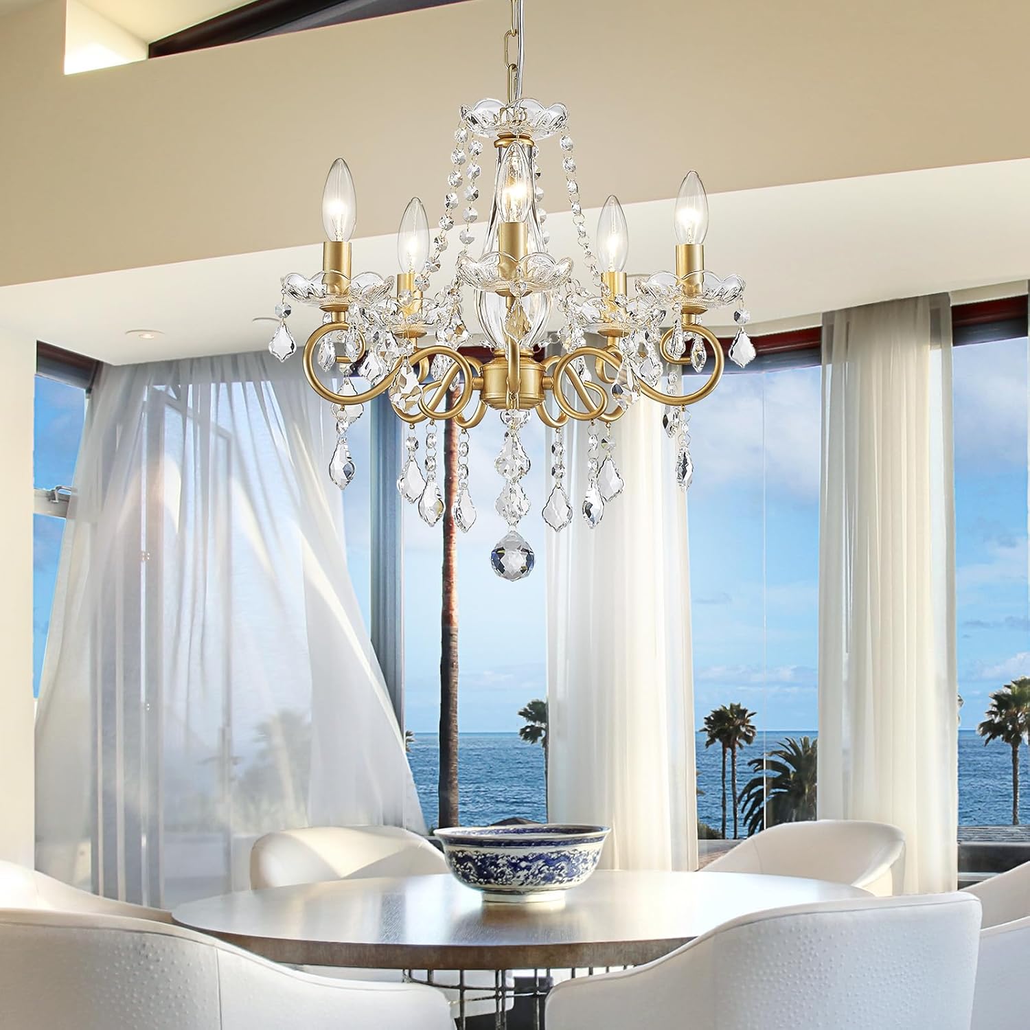 Mini Crystal Chandelier, Golden Crystal Lighting,5-Light Modern Chandelier for Living Room Kitchen Island Entryway Bedroom