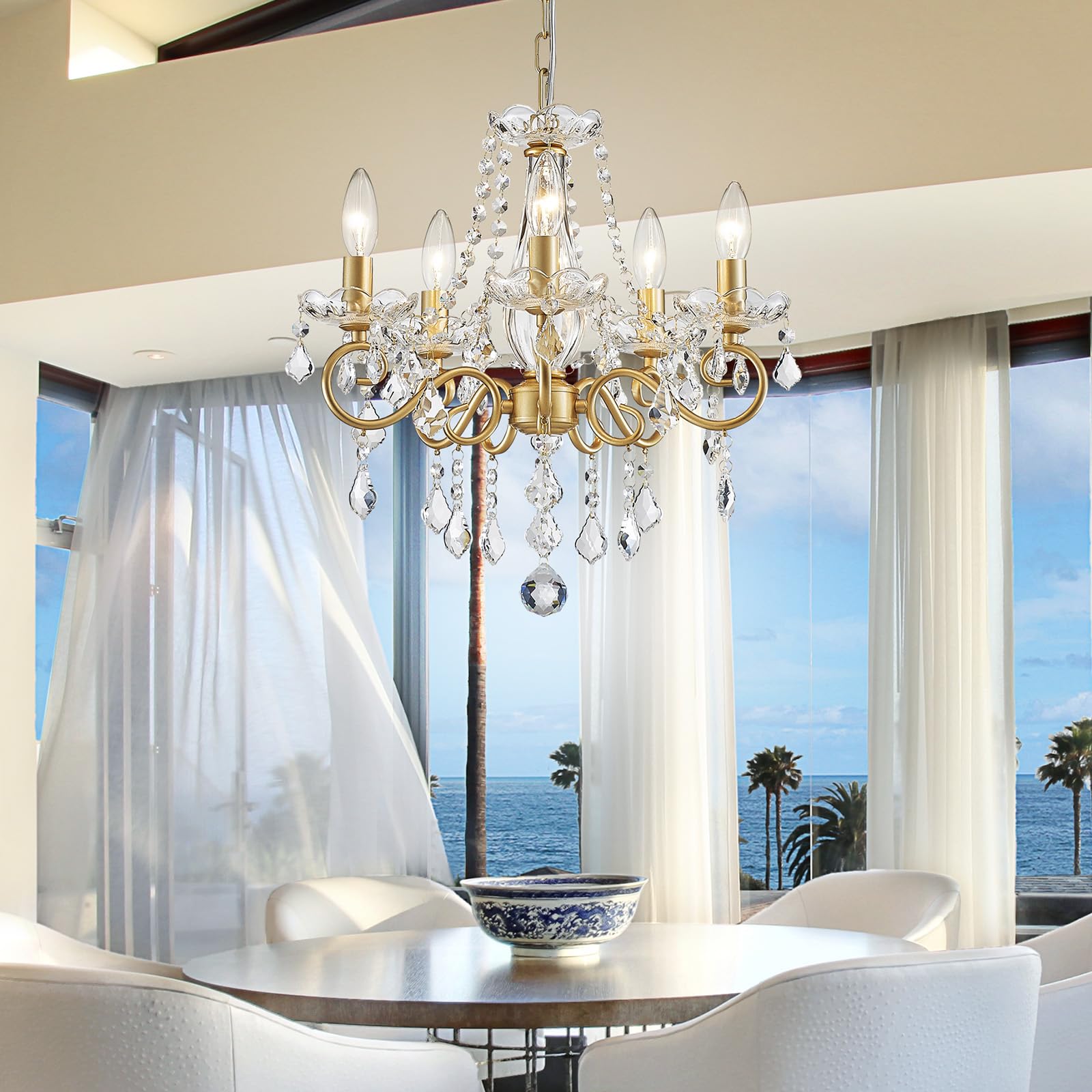 WUZUPS Chandelier Cristal Plafonnier Pendentif Flushmount Luminaire Moderne pour Chambre à Couloir Bar Cuisine Salle de Bain, H42 W43, Gold, Base E14