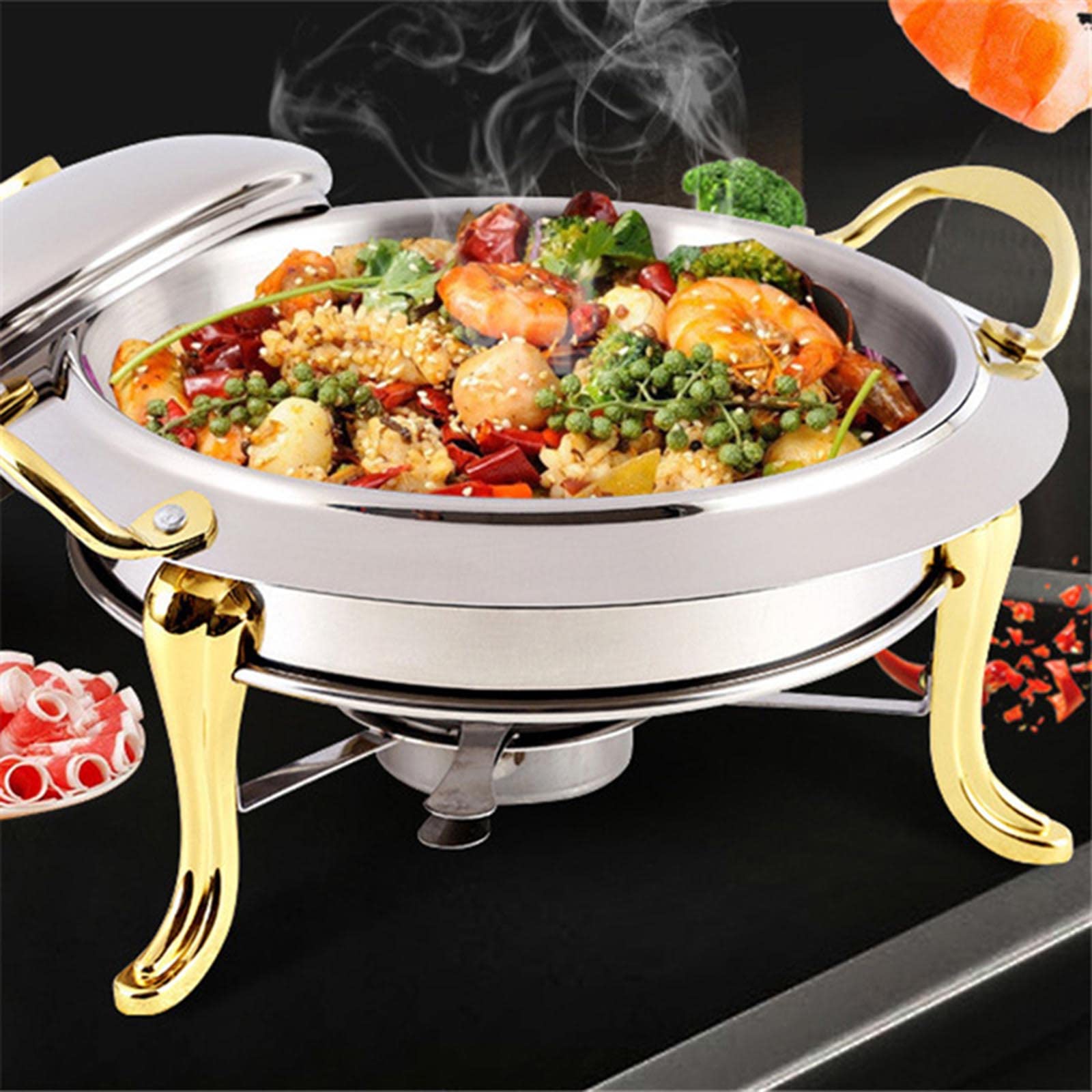 Juego de Calentador de Buffet y escalfador Redondo de Acero Inoxidable con Bandeja para Comida, Soporte para Combustible y Tapa para Catering, Fiesta y Boda,Plata