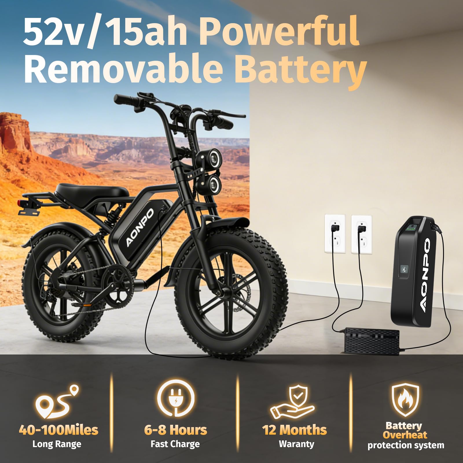 V20 Bici Elettrica per Adulti 20" x 4.0, Batteria Rimovibile da 52V 15/20Ah, Autonomia di 160/190km, Bicicletta Elettrica con Doppia Sospensione, 7 Velocità Ebike