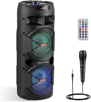 Dual 6.5 Wireless Bluetooth Party Speakers, Portable PA Speaker Singing System for Home/Party/Beach/Outdoor, Karaoke Machine with Microphone, Remote, USB/AUX/TF, TWS, FM Radio, DJ Lights