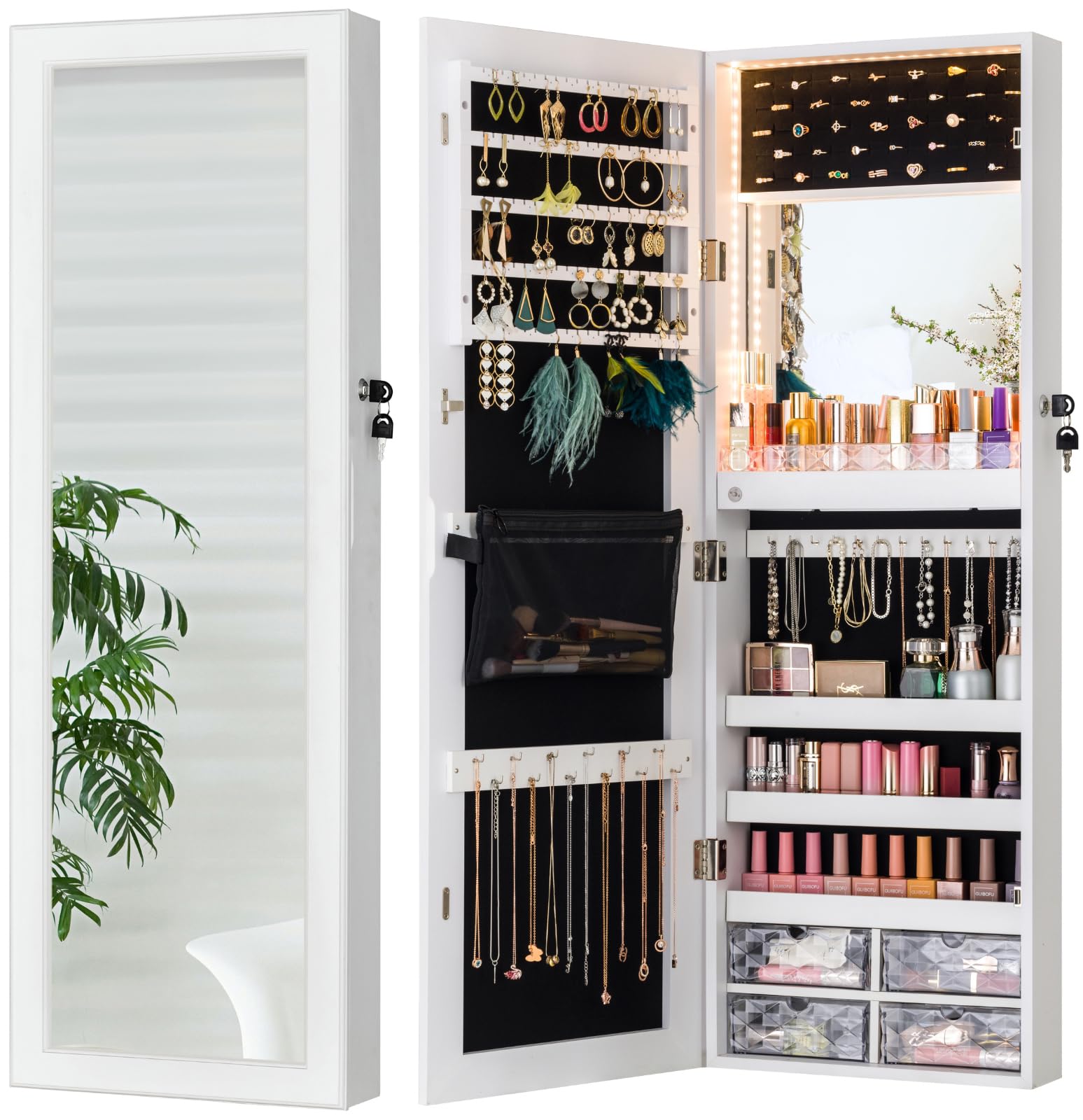 LUXFURNI Espejo de longitud completa con almacenamiento, 79 luces LED, armario de joyería, organizador de joyas montado en la pared o para colgar en la puerta con espejo, espejo de maquillaje