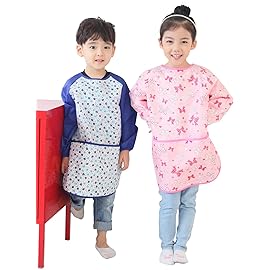 Plie Kids Painting Apron - Waterproof Long Sleeve Art Smock for Toddlers & Preschoolers, Messy Play, Baking, Crafts, Cooking, Sensory Activities (Ages 1-10), Pink Ribbon (39-L)