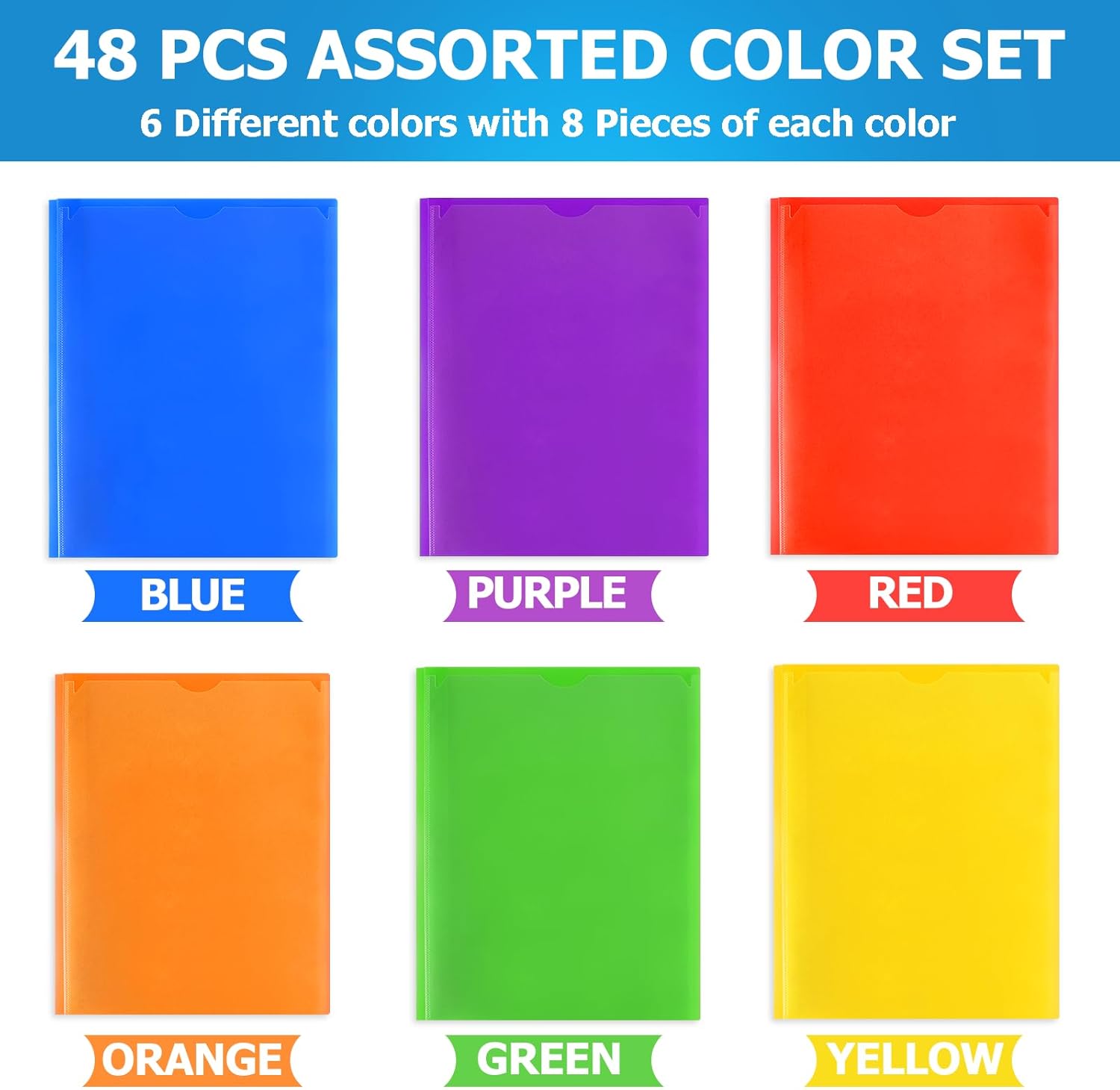 Officygnet 48 Pack Plastic Folders with Pockets and Prongs, Bulk 2 Pocket Folders with Brads and Clear Front, Multicolor Heavy Duty Plastic Folder for Office School Supplies, Letter Size Paper