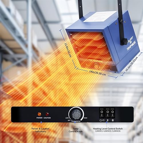 Miniatura 4 de Calentador eléctrico de garaje, calentador de techo de 5000 vatios con 3 niveles de calor, 240 voltios forzado por ventilador cableado, ideal para