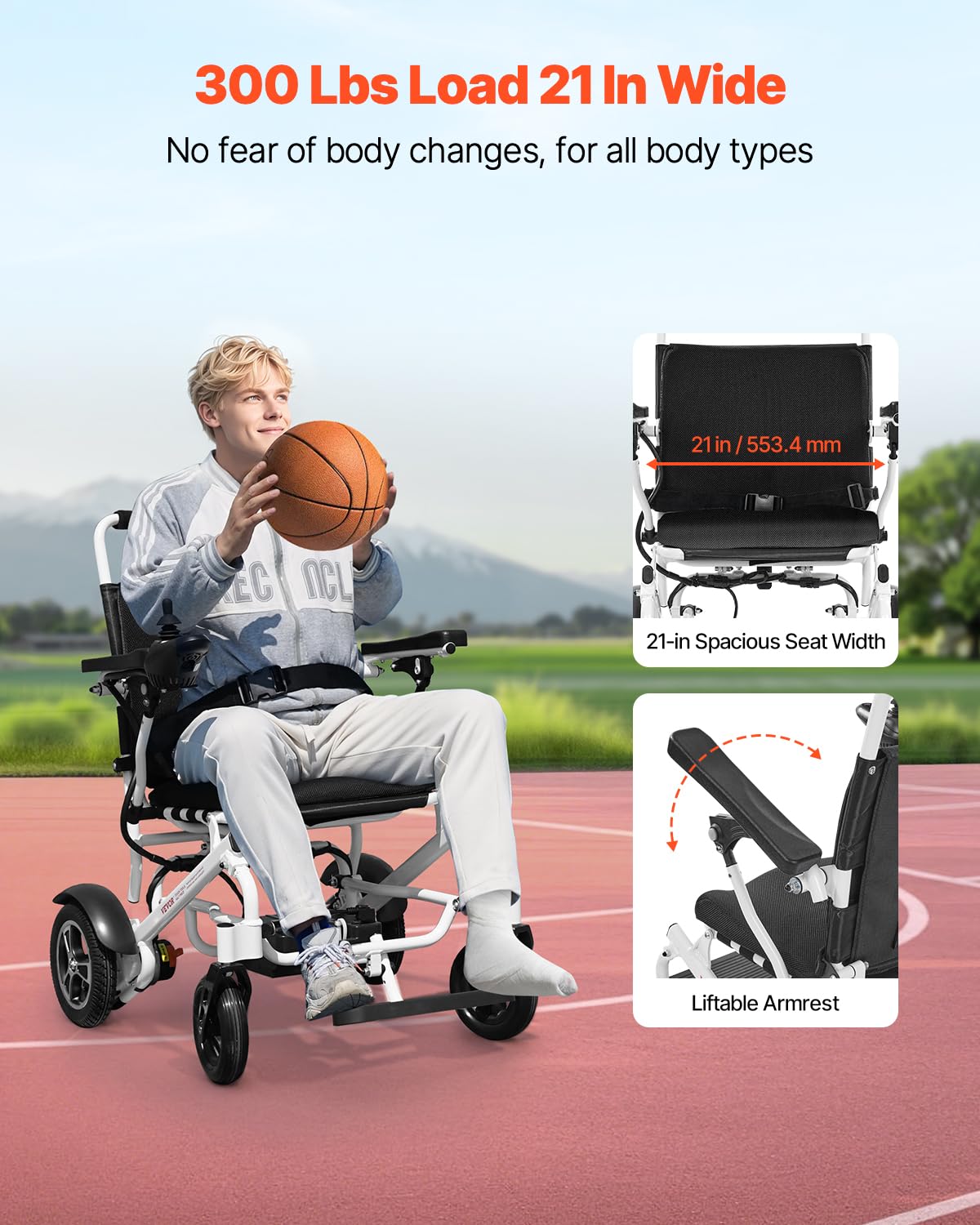 VEVOR Silla de Ruedas Eléctrica para Adultos Capacidad de 136 kg Plegable Ligera Motorizada Autonomía de 21 km Asiento de 53 cm Todoterreno Portátil para Personas Mayores, Discapacitadas