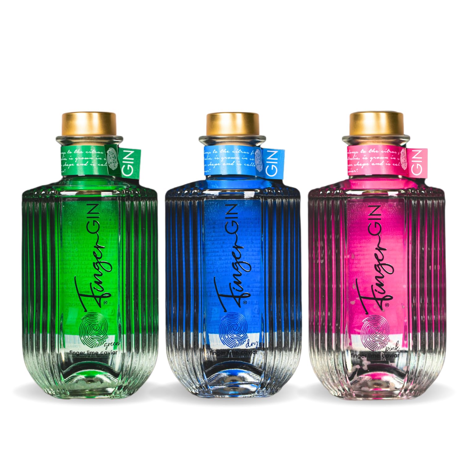 FingerGIN Trio Collection – Confezione 3x70 cl: Pink Pearl, Green Faustrime, Blue Dry – Gin Artigianale Italiano al Finger Lime, Perle di Lime