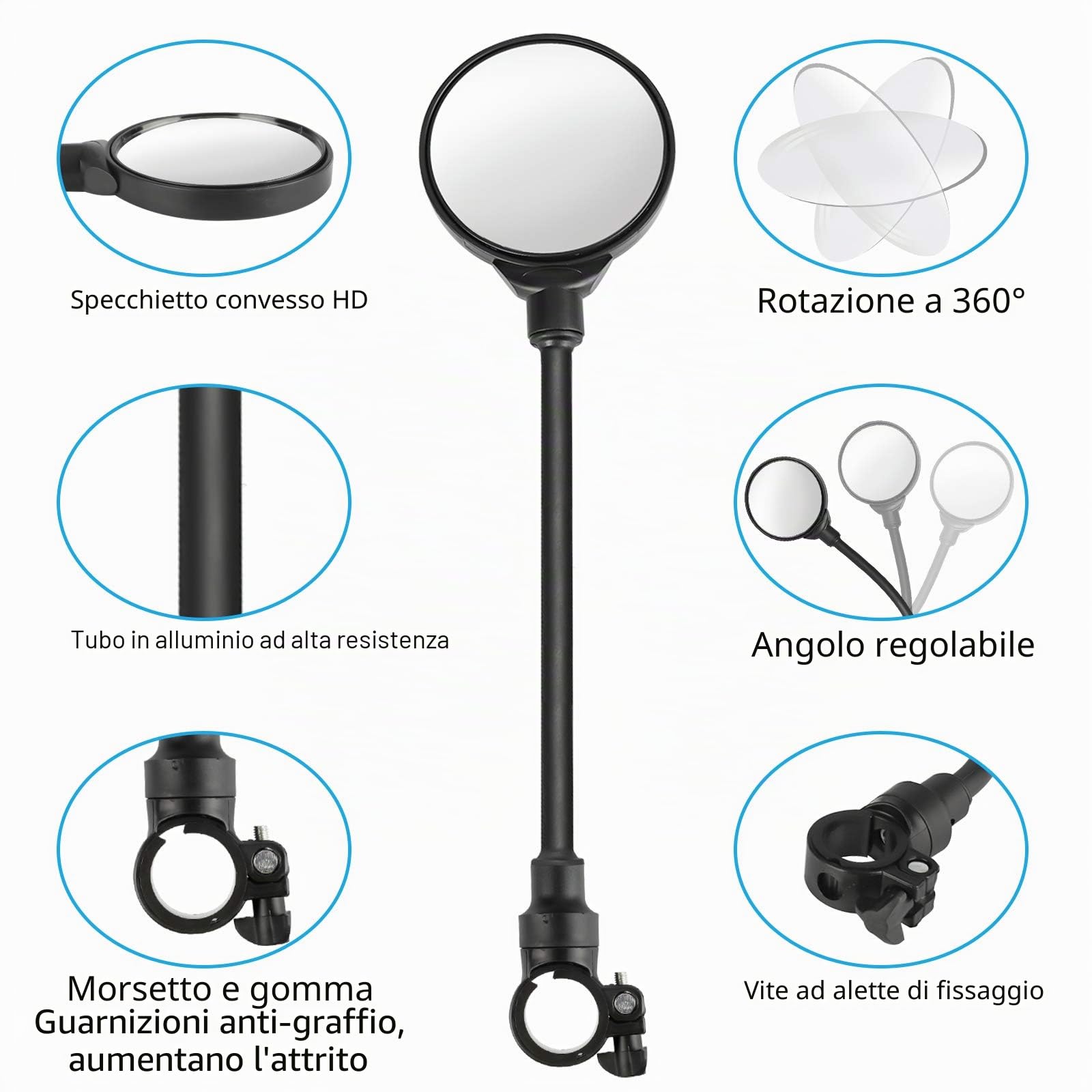 Yizhet 2 Pezzi Specchio Bici HD Convex Regolabile a 360 Gradi Specchietti Bici per Manubrio da 22,2 mm, Specchi per Bicicletta Sicurezza Posteriore Specchi, Bike Mirrors per Scooter MTB E-Bike, Moto