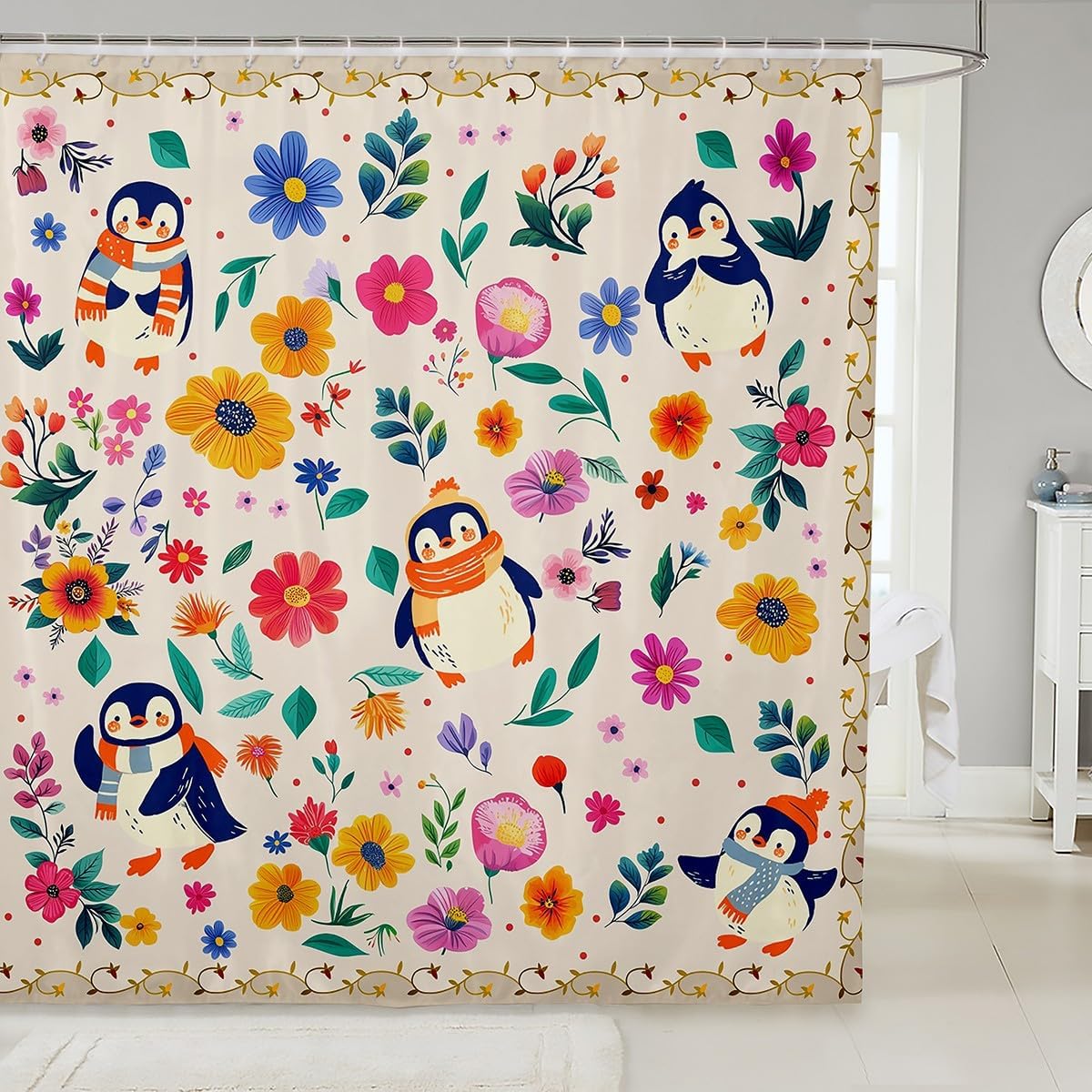 Erosebridal Penguin Fabric Shower Curtain Boho Floral Bath Curtain 72" Wx78 L,Rainbow Wildflower Bathroom Accessories Rustic Flowers Plant Leaves Wall Decor,Garden Botanical Cottagecore Decor,Beige