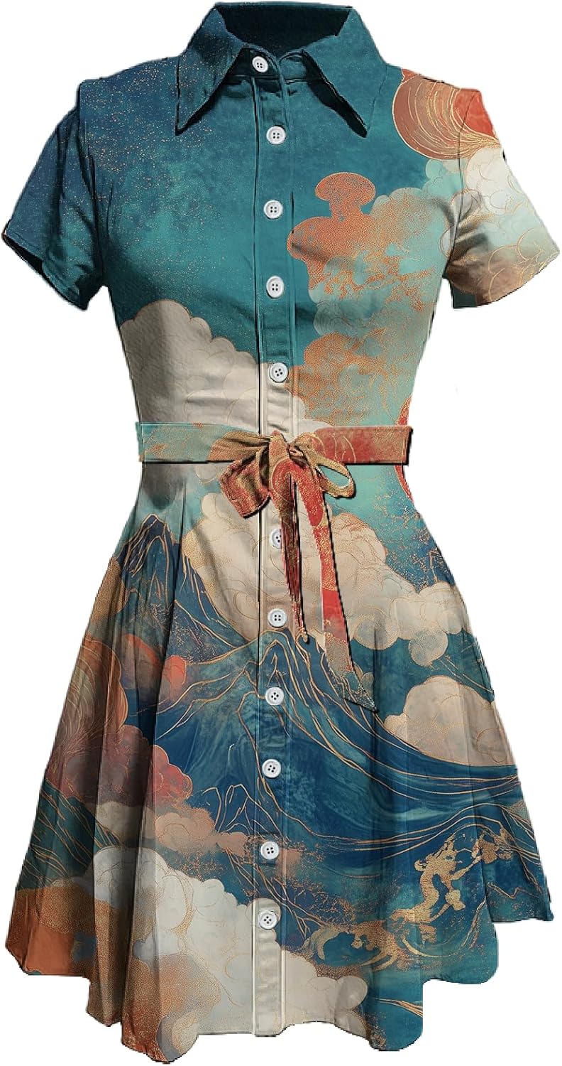 MARSVOVO Japanese Art Shirt Dresses for Women Short Sleeve Ruffle Button Down Tie Waist Trendy Elegant Midi Dress