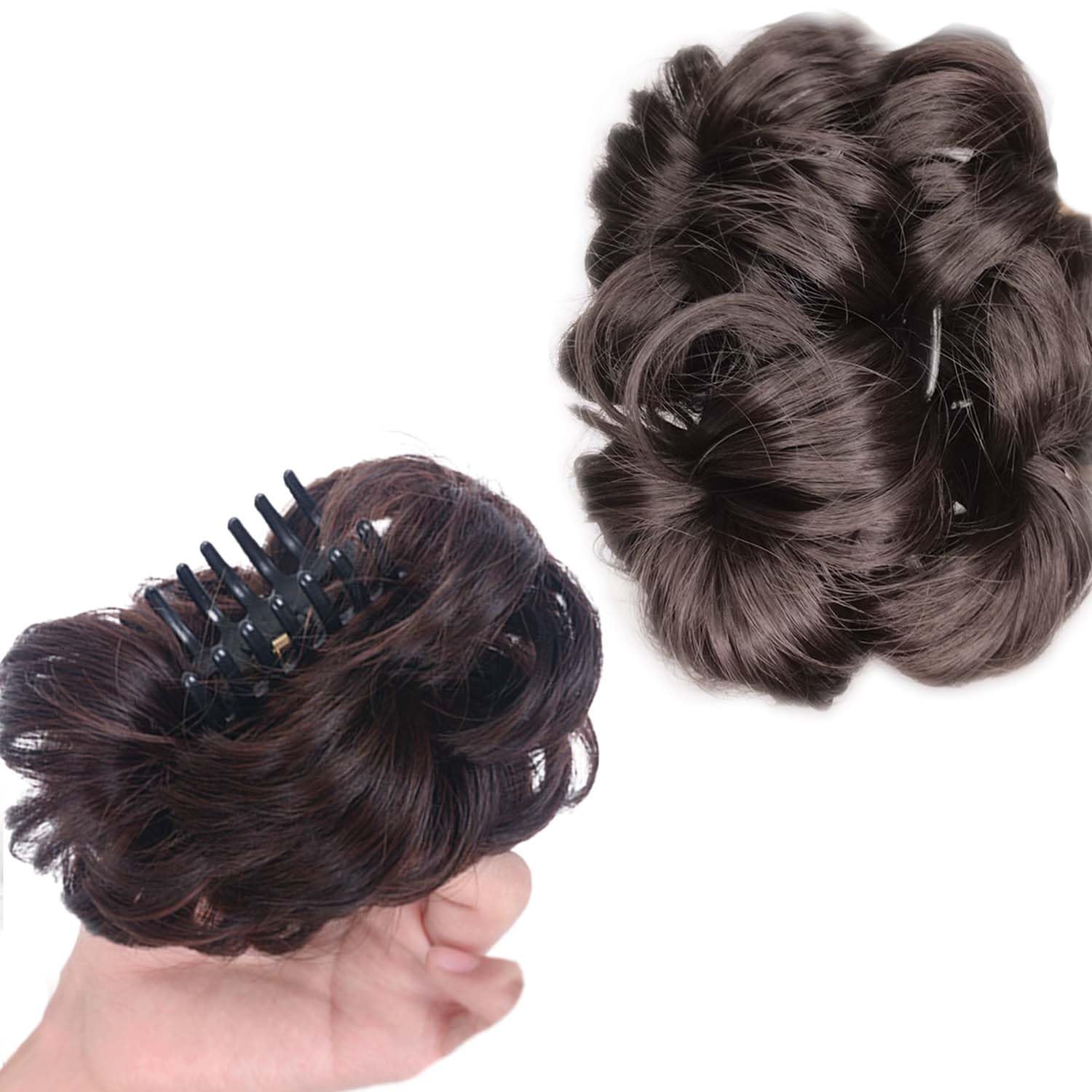 Hair Accessories For Women Stylish - Messy Bun Hair Extension - Juda Hair Buns for Wedding - Artificial Fake Donuts Maker - 4 Flower Design with Clutch - 1 Pc - Natural Brown