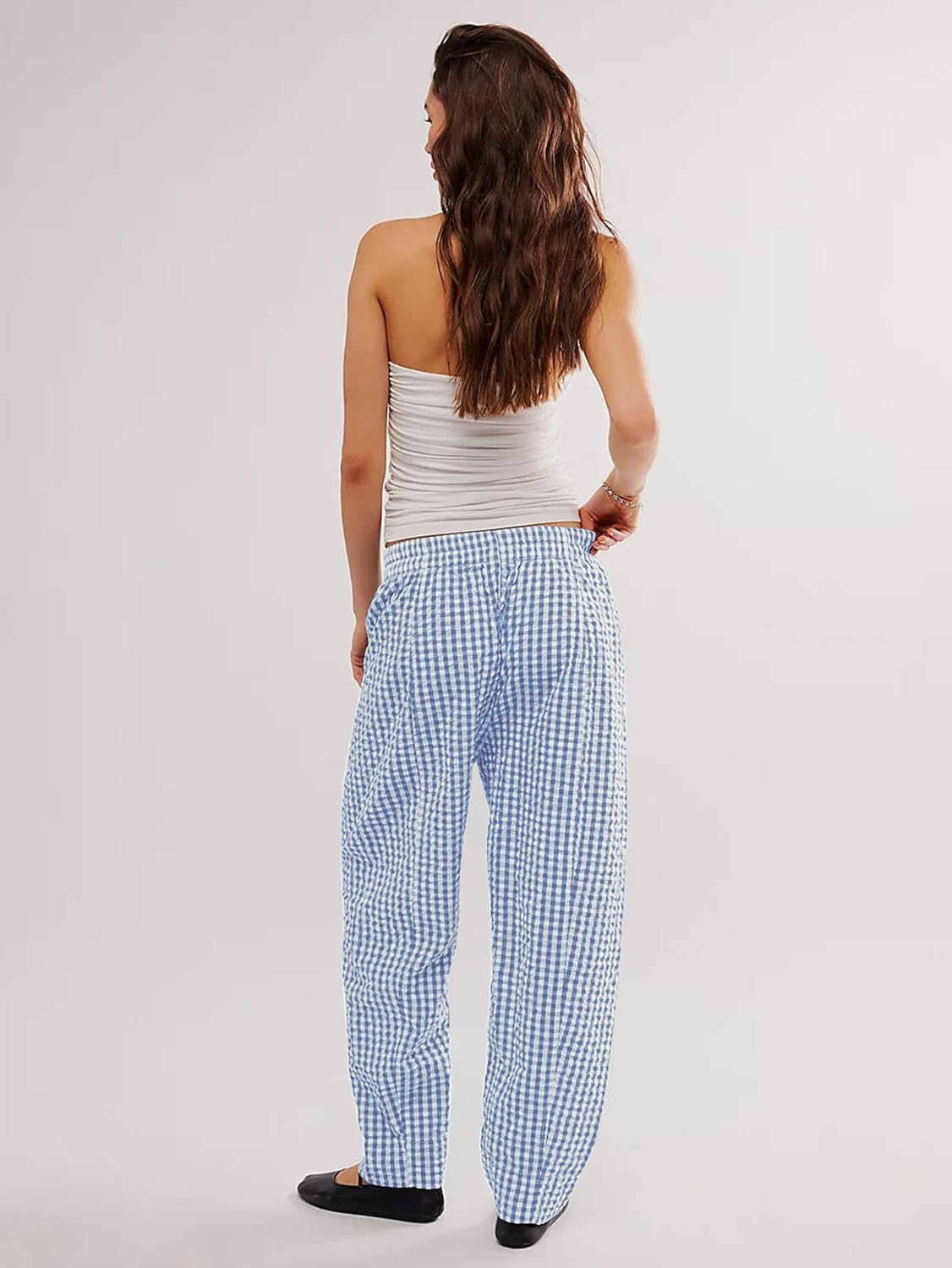 Women's Plaid Pant Gingham Lounge Pants Wide Leg Mid Rise Elastic Waist Checkered Long Trousers with Pockets - Image 5