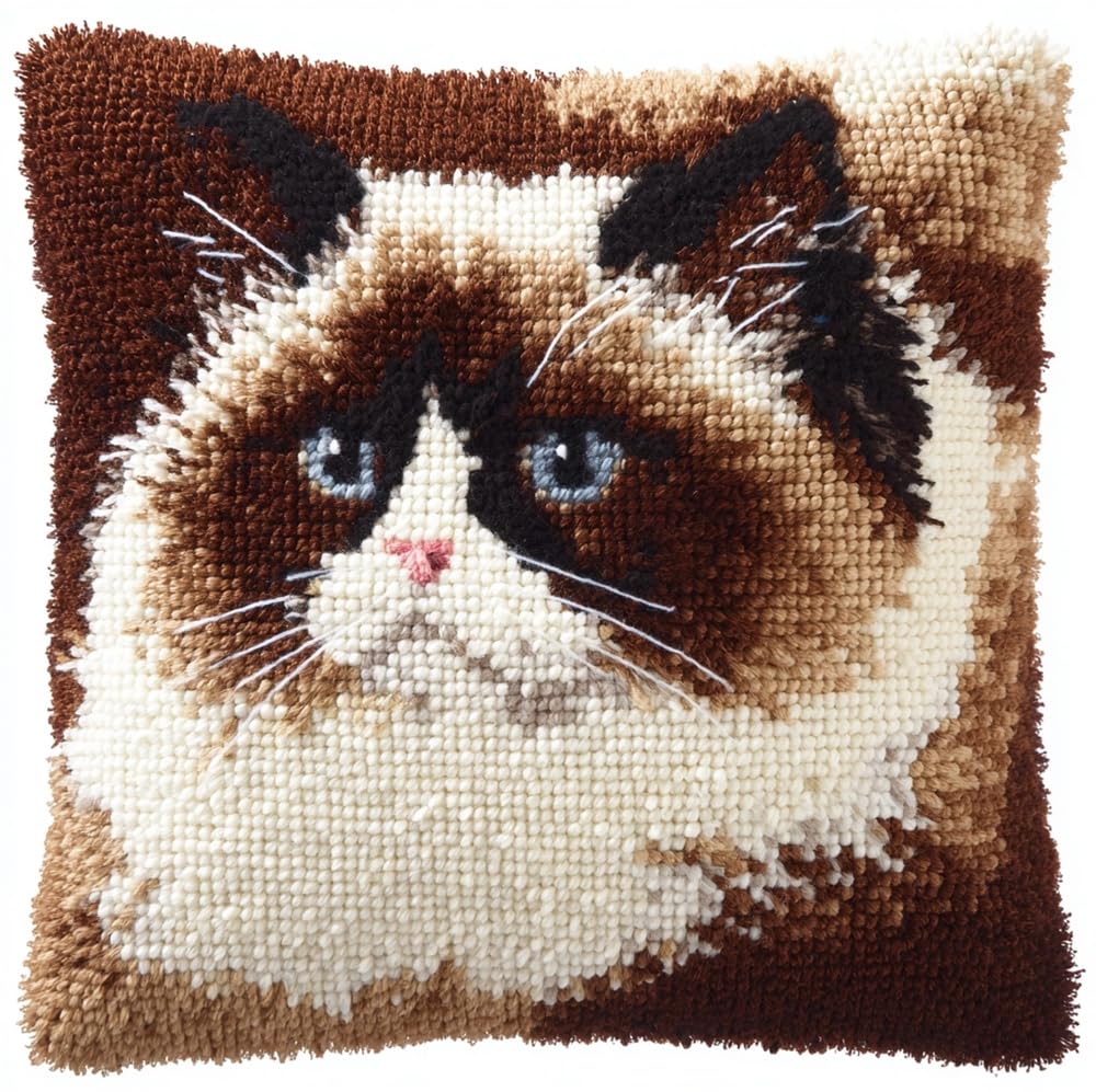 FWRTYCB Latch Hook Pillow Kits for Adults Brown White Cat Scottish Knittin