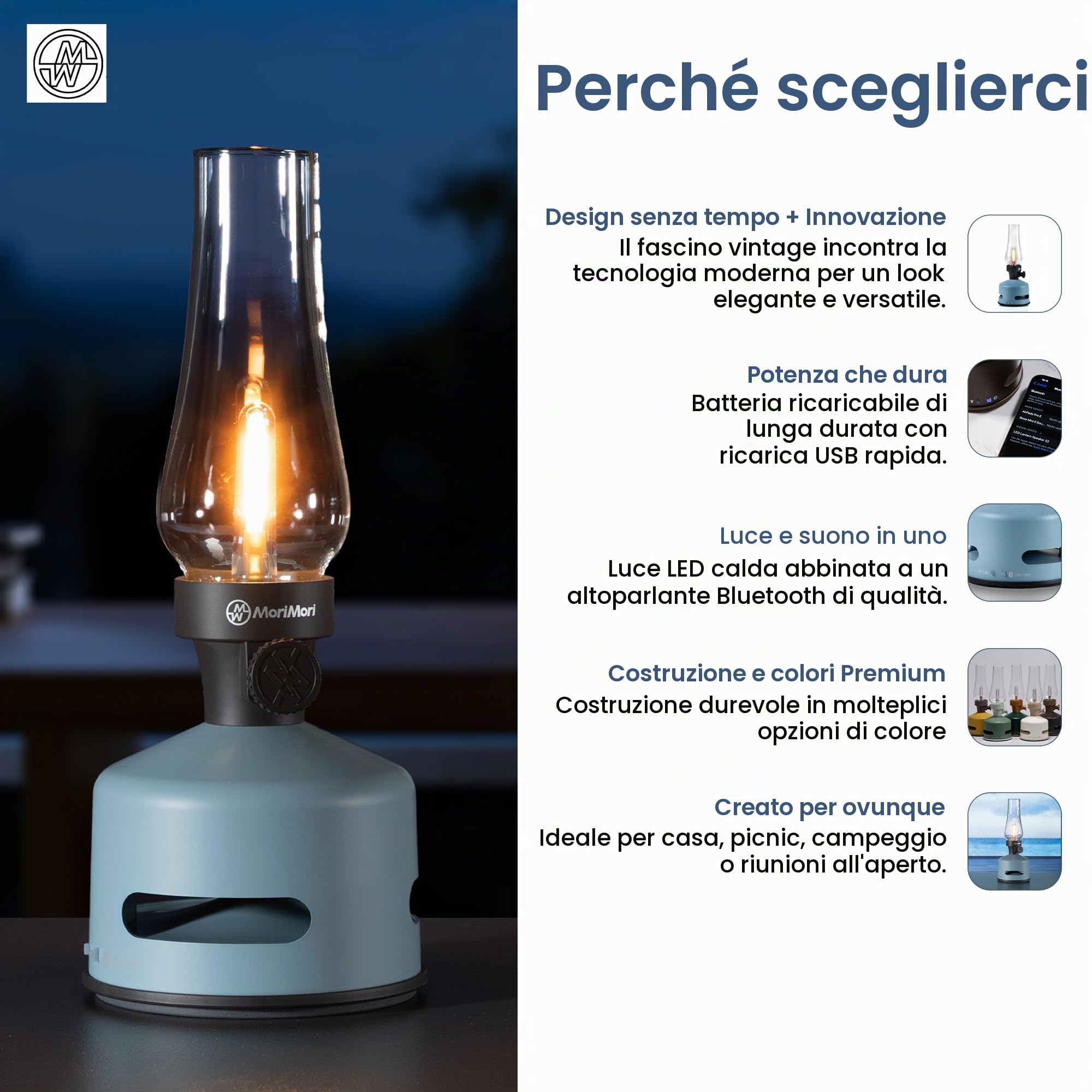 KOOKOO MoriMori Lampada di design con altoparlante (azzurro)