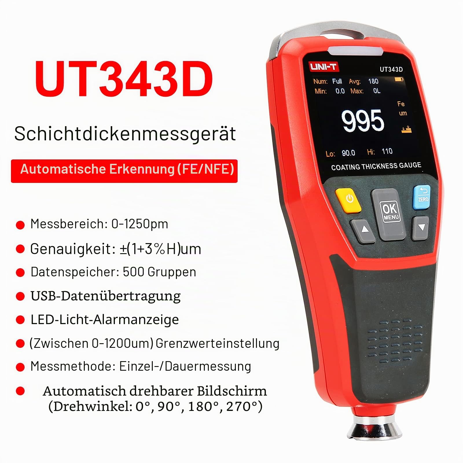 UNI-T UT343D Digitales Schichtdickenmessgerät Messgerät Messbereich 0 bis 1250 um mit USB-Datenfunktion