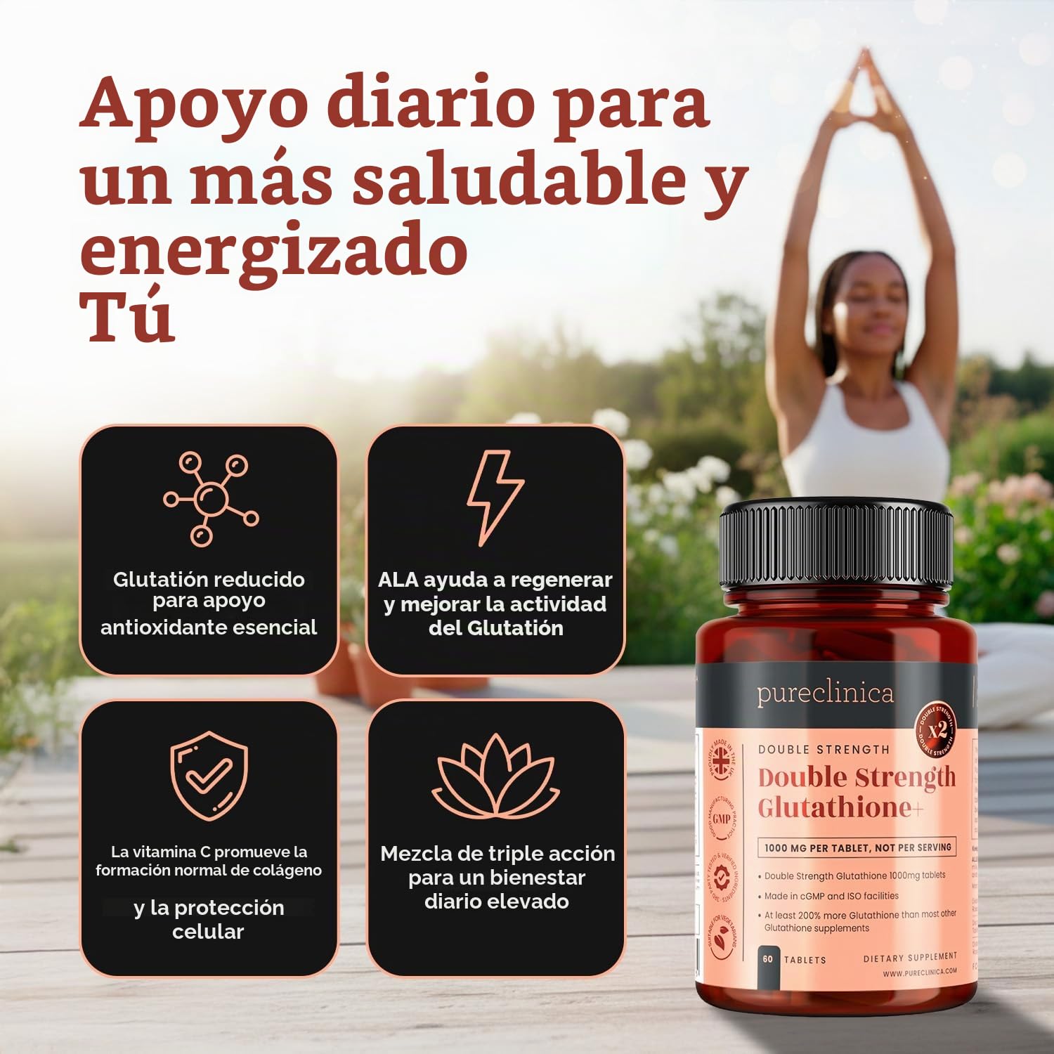 Double Strength Glutathione 1000mg x 360 Tablets (60 tablets per bottle, 6 bottles). With 500mg Glutathione, 300mg ALA, and 200mg Vitamin C per 