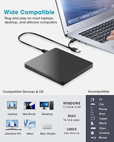 Miniatura 5 de ROOFULL Unidad externa de CD/DVD USB 3.0 y USB-C, ultrafina de 0.5 pulgadas, reproductor de CD y DVD de alta velocidad, grabador para computadora