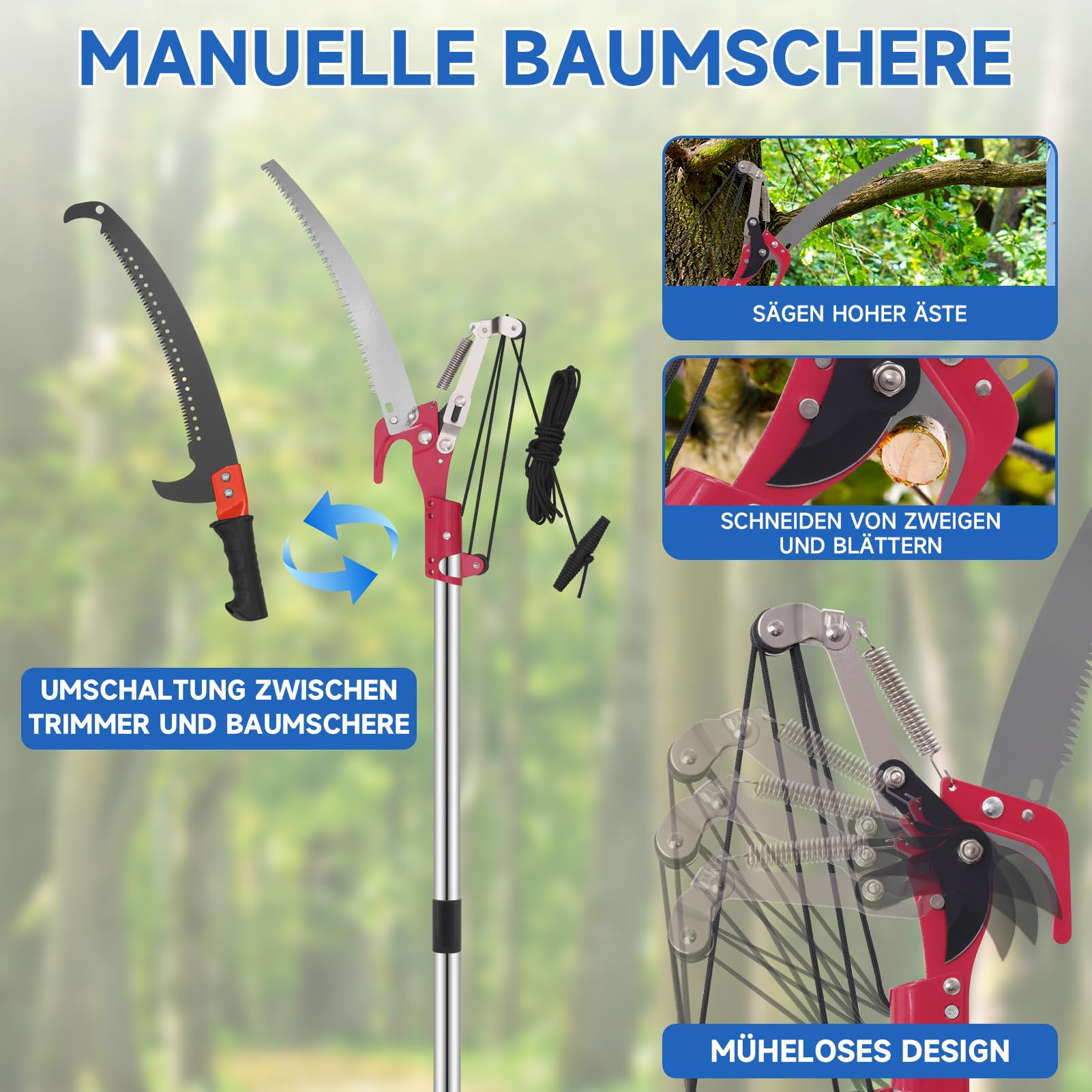 Astschere Teleskop, 82-410cm Teleskop Astschere, mit Teleskopstiel, Einstellbare Länge Seilzug Gartensäge Baumsäge, Leichter Edelstahl Teleskopsäge Hochentaster, Manuell Baumschere für hohe Äst