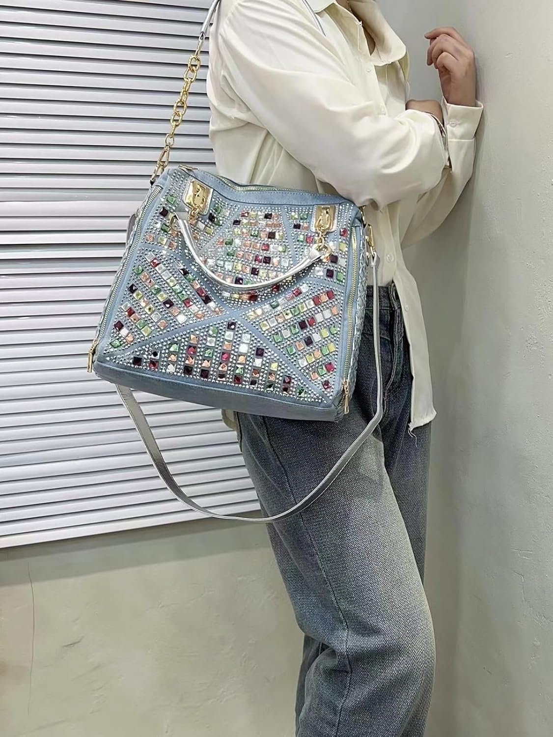 Bling Purses for Women Crystal Rhinestone Crossbody Bag Large Denim Jean Purses and Handbags - Image 3